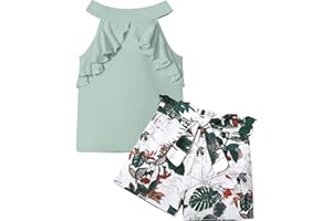 MIGU Girls Clothes Summer Halter Neck Ruffle Sleeveless Top Fashion Cute Floral Belt Shorts Two Piece Outfit Set Size 6-12