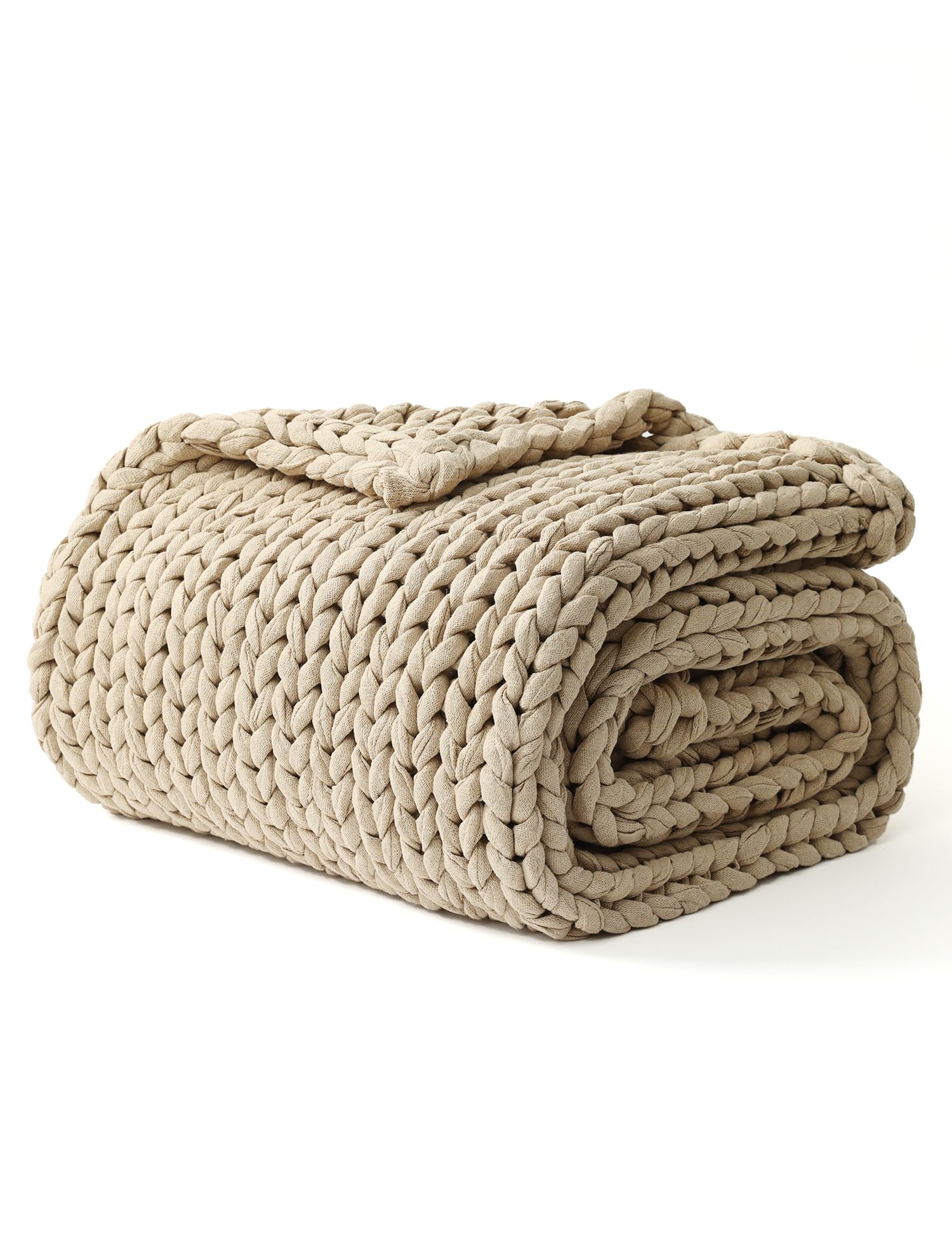 Photo 1 of YnM Cotton Weighted Blanket, Handmade Chunky Knitted Design, Soft and Cozy, Temperature Regulating and Breathable, Machine Washable Throw for Sleep or Home Decor (Beige, 50x60 Inch, 15lbs)