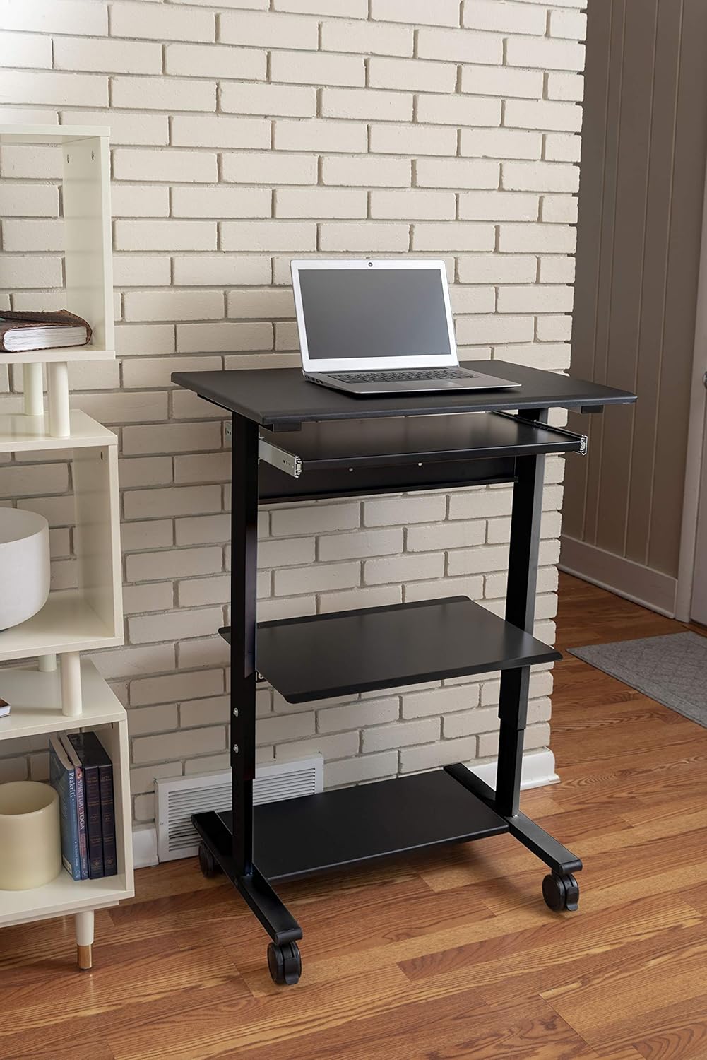 Stand Up Desk Store Mobile Rolling Adjustable Height Standing Workstation with Printer Shelf and Slideout Keyboard Tray (Black Frame/Black Top, 30" Wide) : Office Products