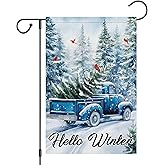 Heyfibro Hello Winter Retro Blue Truck Christmas Tree Garden Flag 12x18 Inch Double Sided Burlap Cardinal Yard Banner for Seasonal Xmas Outside Outdoor Decoration (ONLY FLAG)