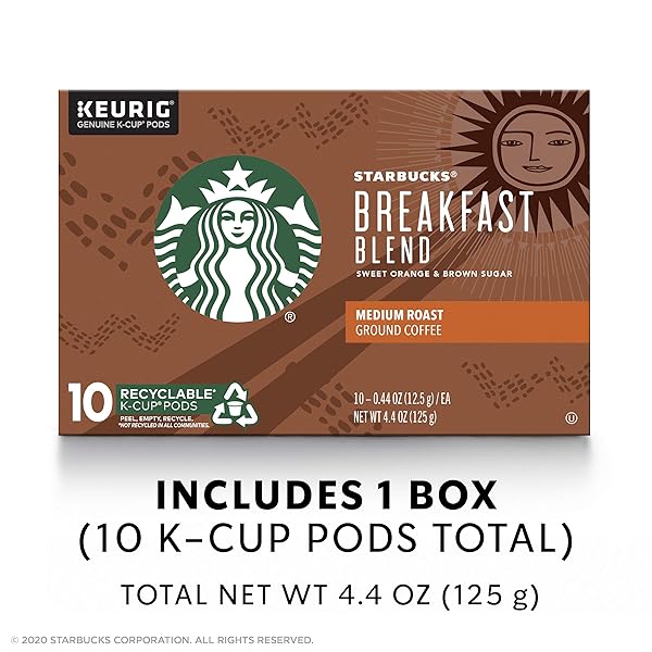 STARBUCKS MEDIUM ROAST K-CUP COFFEE PODS — BREAKFAST BLEND FOR KEURIG BREWERS — 1 BOX (10 PODS)
