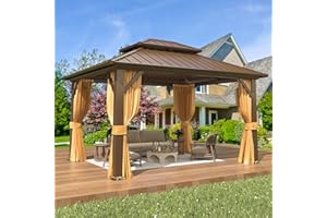 EROMMY 10'x12' Gazebo Hardtop, Galvanized Steel Double Roof Metal Gazebo with Aluminum Frame, Permanent Outdoor Pavilion with Curtain and Netting for Patio, Lawn and Garden, Brown
