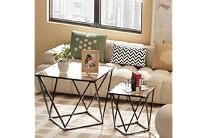 Azheruol Nesting Coffee Table Set of 2, Square Tawny Tempered Glass Side Table, Modern Metal Frame End Table, Nesting Tea Table for Living Room,Bedroom,Studio