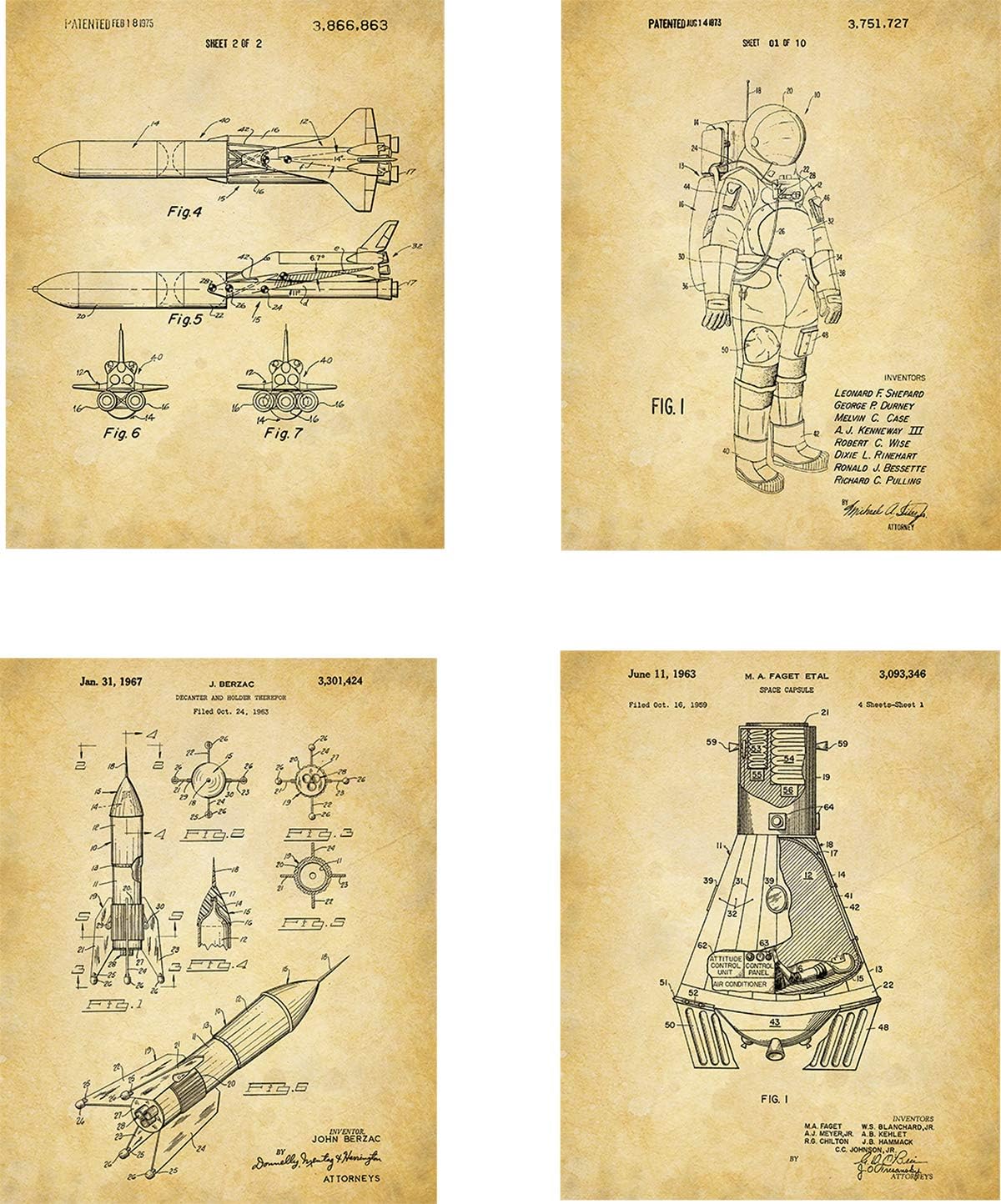 Space Patent Wall Art Prints - set of Four (8x10) Unframed - wall art decor for space enthusiasts