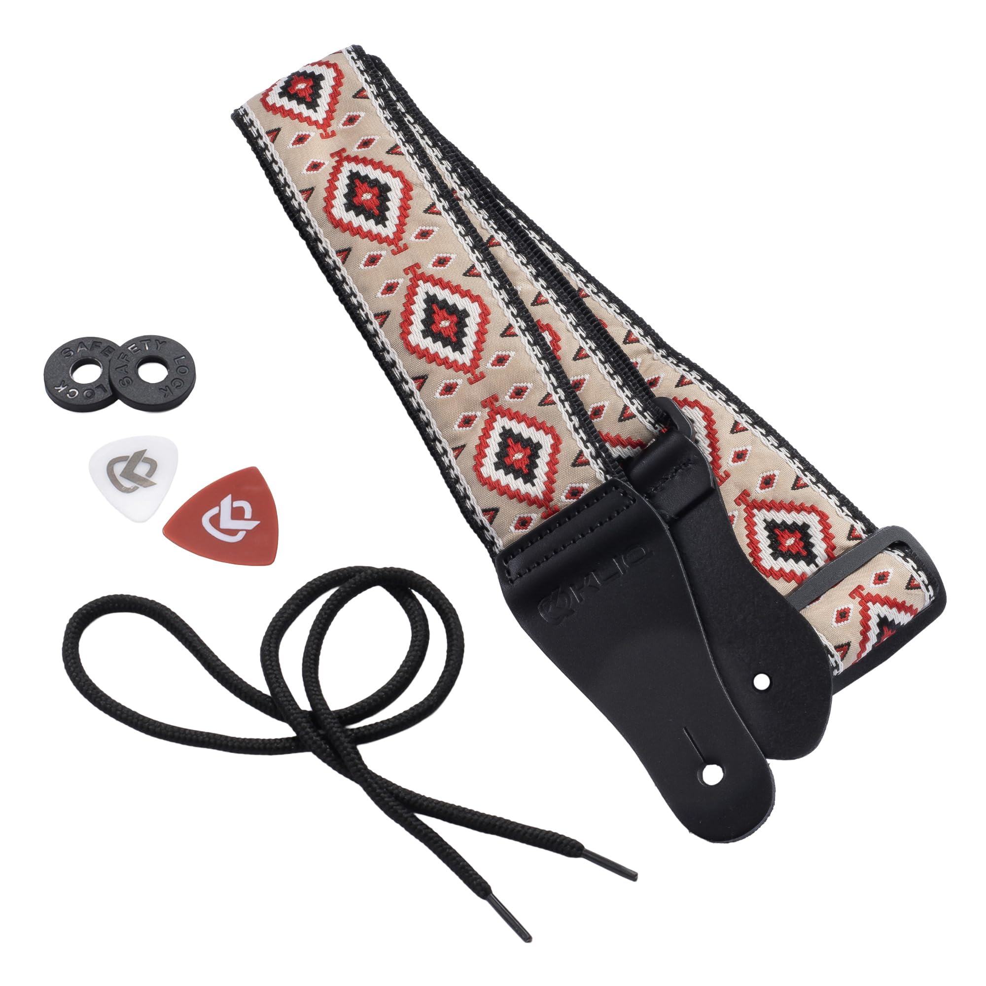 KLIQ Vintage Woven Guitar Strap for Acoustic and Electric Guitars | '60s Jacquard Weave Hootenanny Style | 2 Rubber Strap Locks Included (Diné, Sand/Burgundy)
