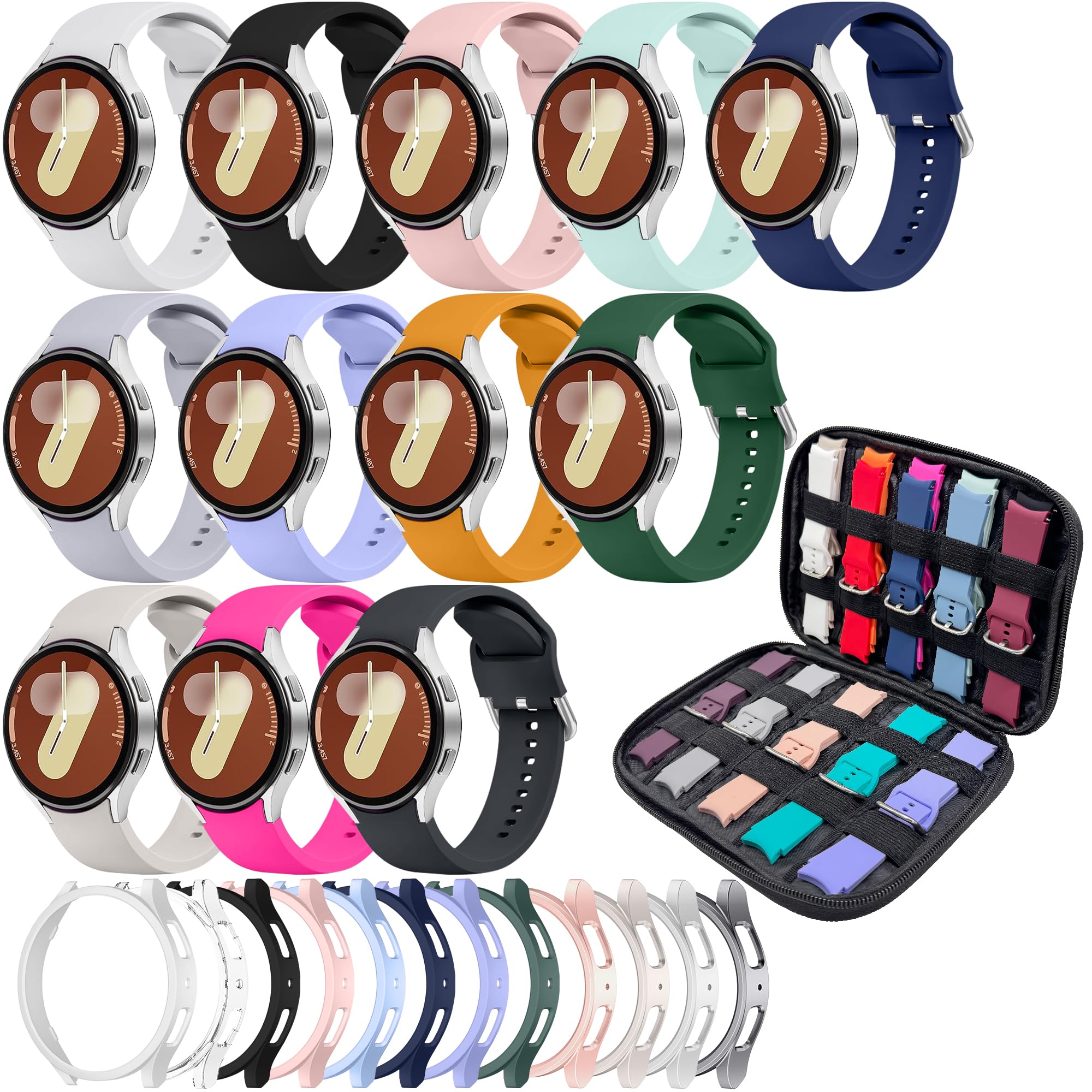 QUANFUN 12 Pack Sport Bands Galaxy Watch Bands and 12 Pack Galaxy Watch Cases Compatible with Samsung Galaxy Watch 7 40mm Case Protector, Silicone Sport Watch Bands&Storage Organizer for Women Men