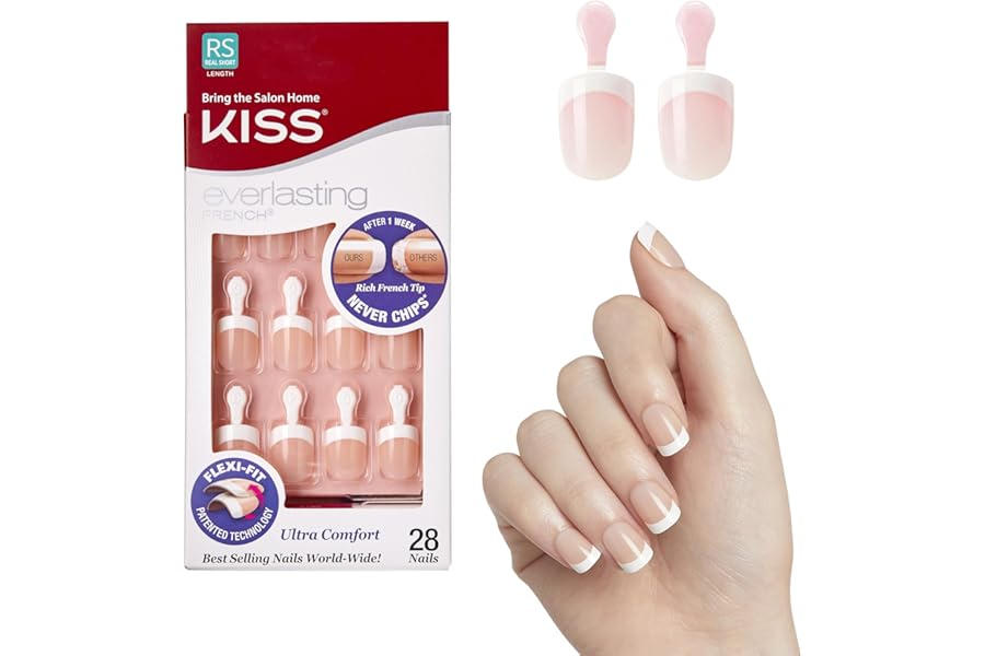 Kiss Everlasting French Nail Manicure, Chip-Free with Flexi-Fit Technology, Real Short, “Endless”, Nail Kit with Pink Nail Glue (Net Wt. 2 g / 0.07oz.), Mini File, Manicure Stick, and 28 Fake Nails