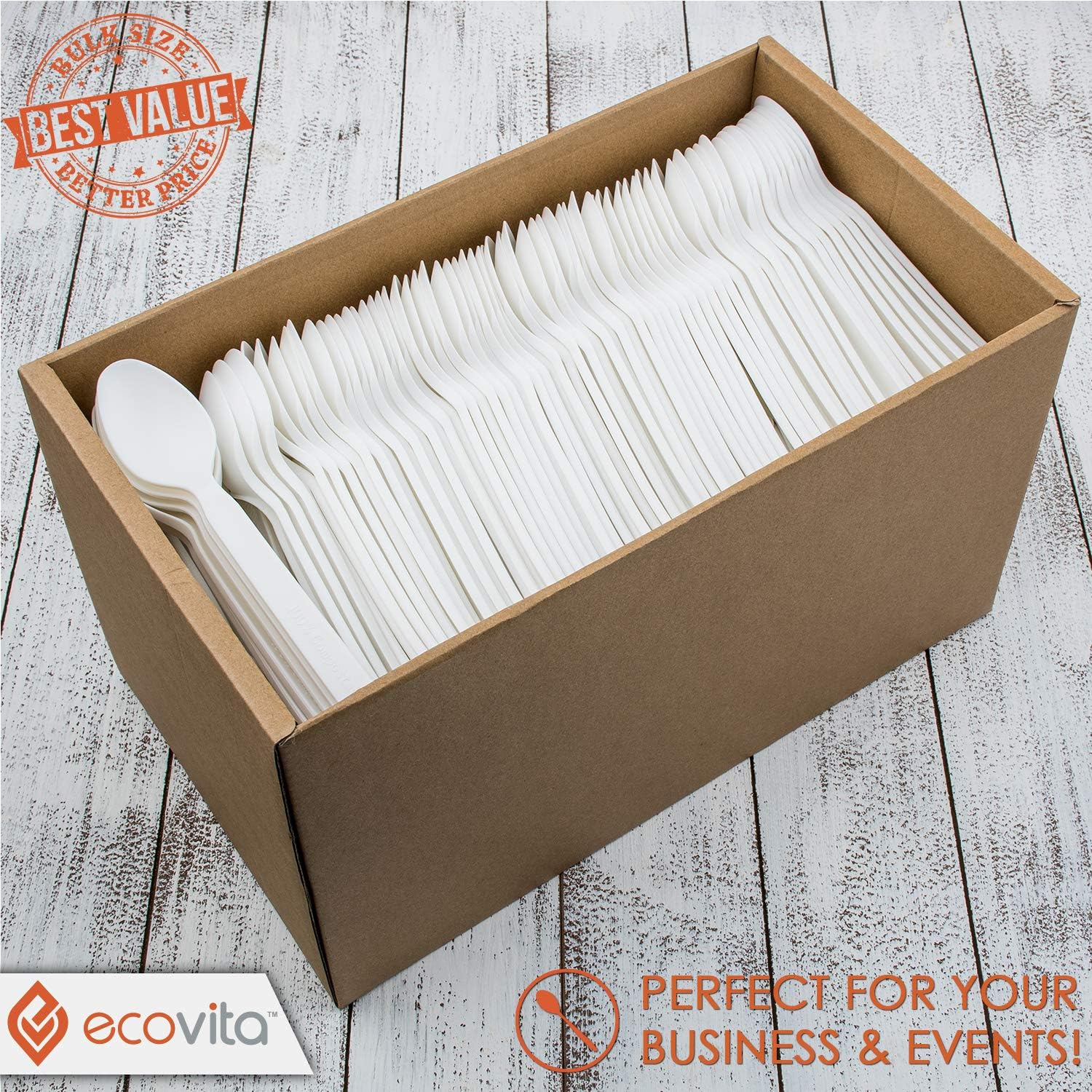 100% Compostable Spoons - 500 Large Disposable Utensils (6.5 in.) Bulk Size Eco Friendly Durable and Heat Resistant Alternative to Plastic Spoons with Convenient Tray by Ecovita: Industrial & Scientific