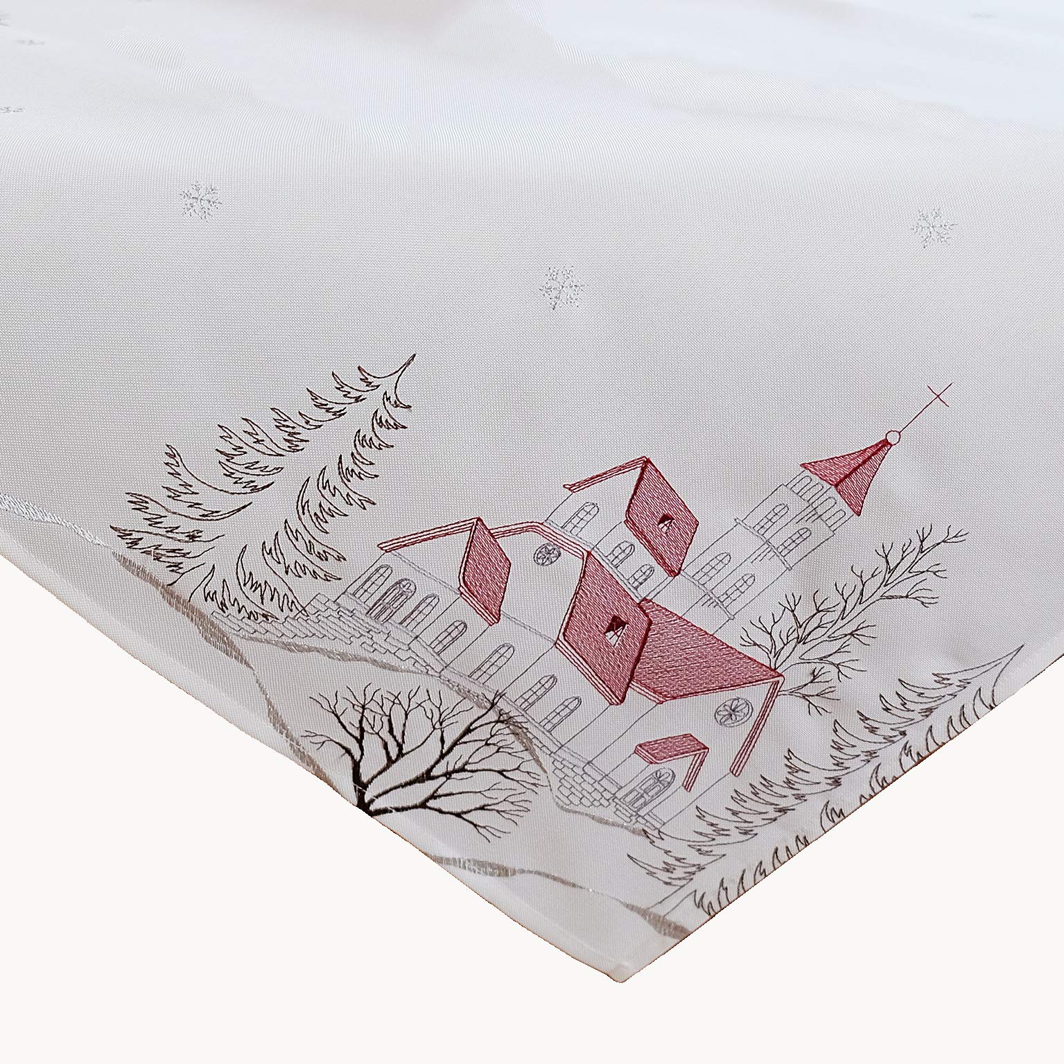 Raebel OHG Table Cloth Linen with Embroidery Church Red/Ecru Christmas Winter (85 x 85 cm)