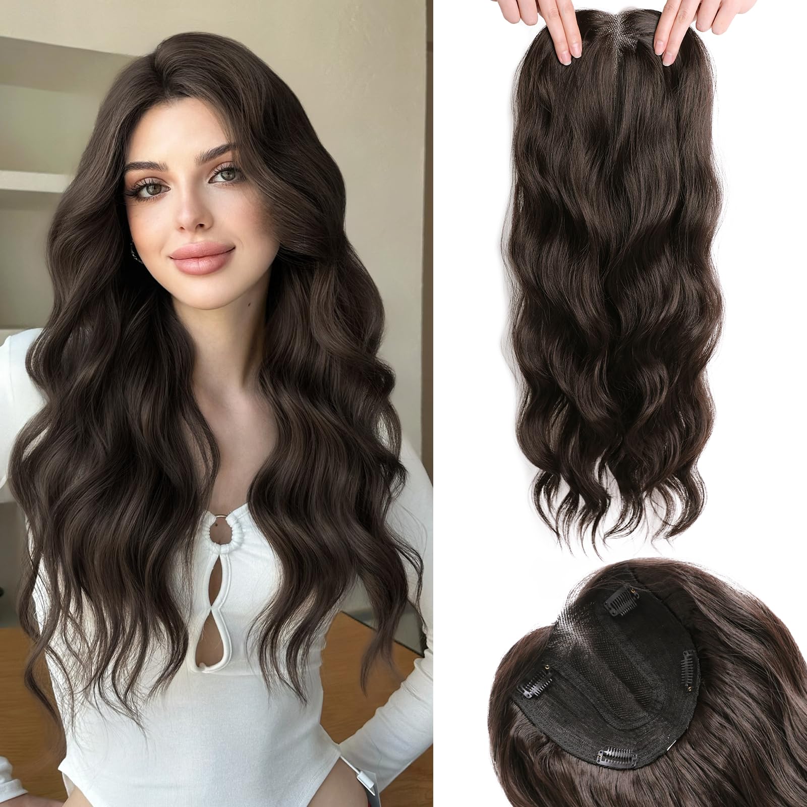 Photo 1 of XIXISNOW Hair Topper 24 Inch Long Wavy Toppers Hair Pieces for Women Thinning Hairs Lace Hand-Tied Hairline Synthetic Heat Resistant Clip in Hairpieces 6"x6"Large Base for Daily Use Dark Brown