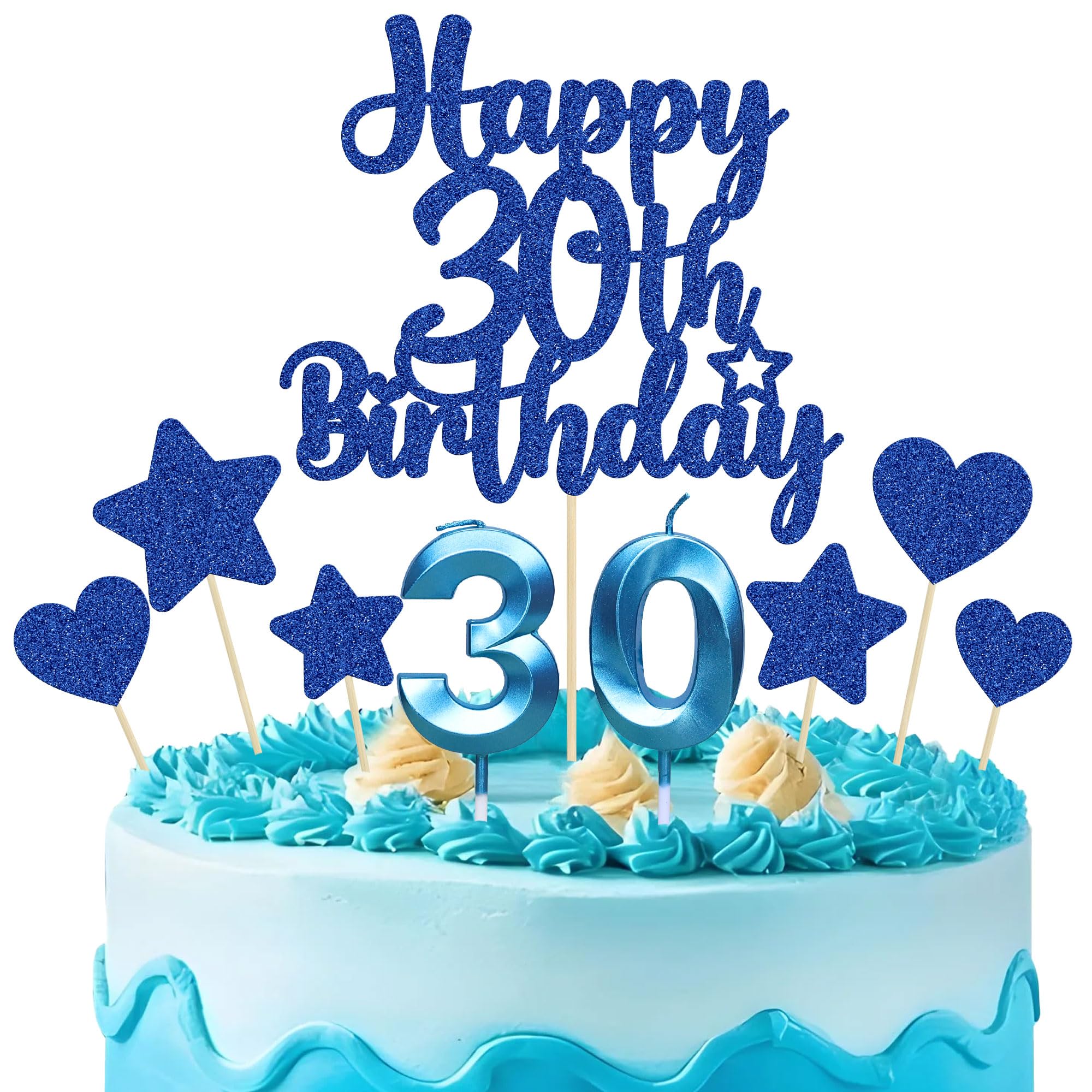 Gyufise 15Pcs Happy 30th Birthday Cake Topper Set with Heart Star Glitter Cheers to 30 Years Cake Picks Number 30 Candles Cake Decorations for Happy 30th Birthday Anniversary Party Supplies Blue — image 1