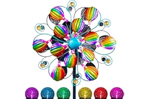 QUALDOUT Solar Wind Spinners for Yard and Garden- 58.2 Inch Metal Wind Sculptures Outdoor Clearance Kinetic Windmills with Multi Color Led Glass Ball (Hot Air Balloon)