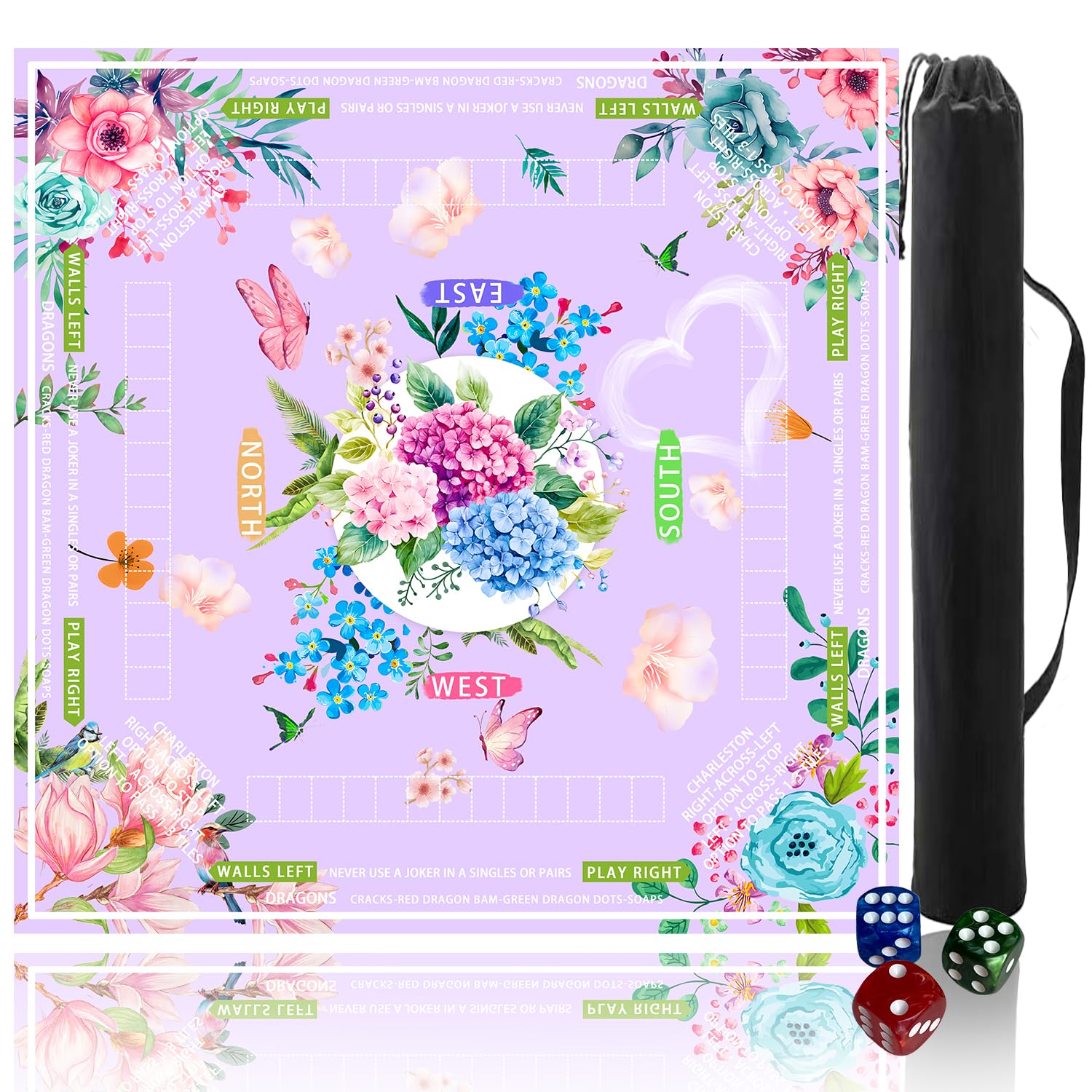 Mahjong mat for Table/31.5lnch/American Mahjong Table Cloth with Rules mats with Drawstring Bag,Noise ReductionAnti-Slip Game mat for Table,for Mahiona/PokerBoard Games/Card Games (Light purple)