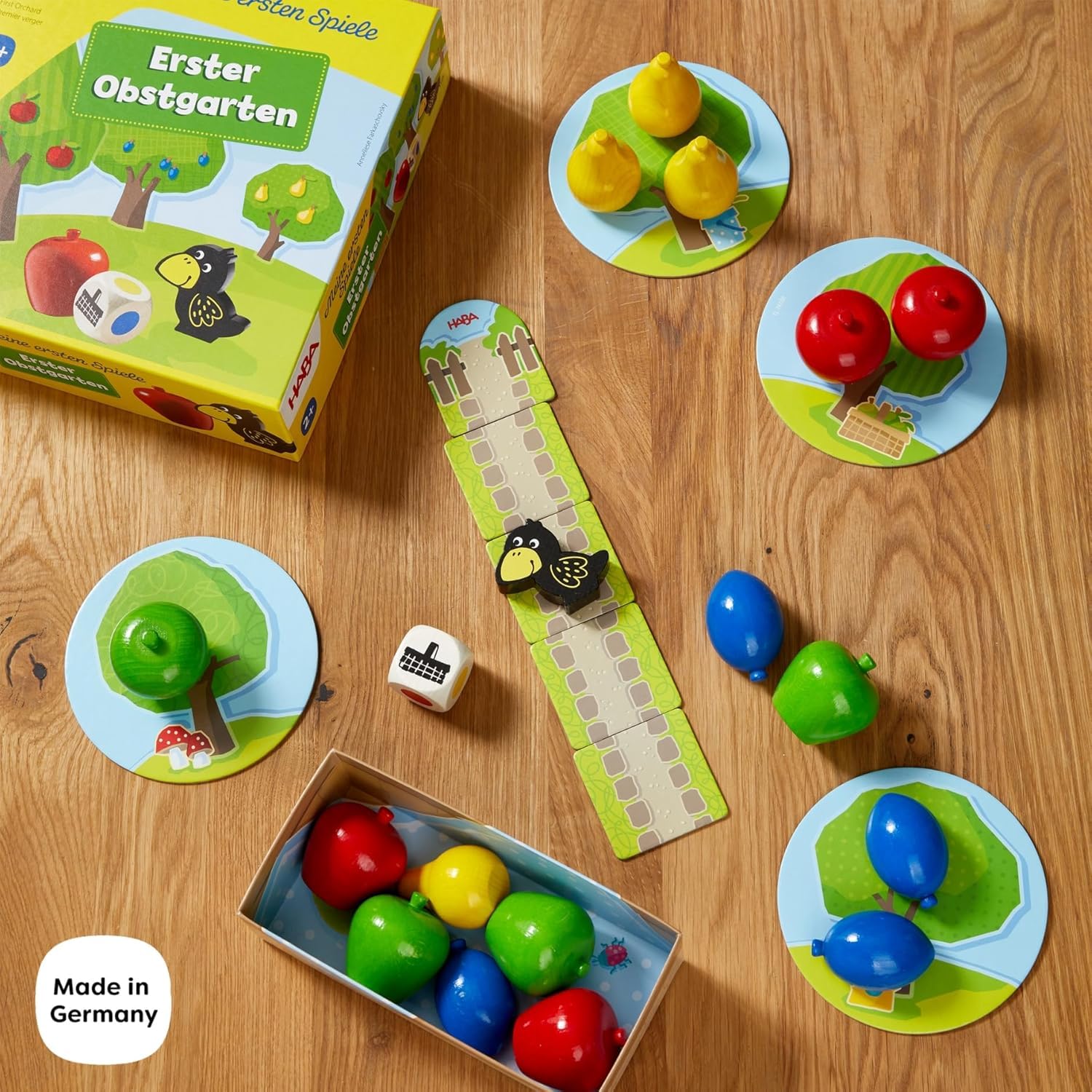 HABA Erster Obstgarten – Meine ersten Spiele: Brett- & Familienspiel rund um Farben und Formen, Holzspielzeug-Spieleklassiker für Kleinkinder ab 2 Jahren – 1004655001
