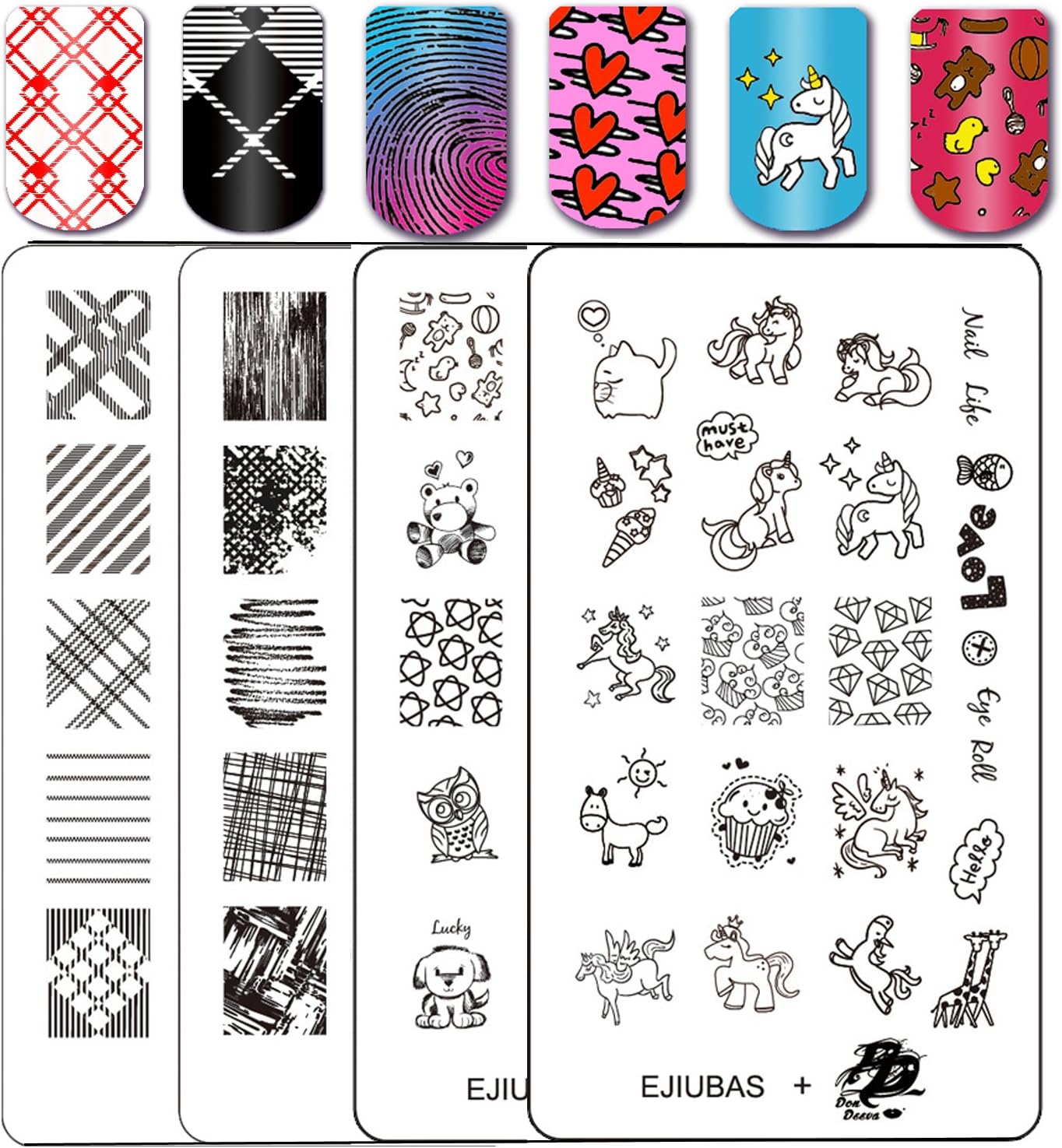 Ejiubas ネイルプレート ネイルスタンプ スタンピングプレート スタンプネイル フェアリーテール 童話テーマ 动物 チェック柄 縞模様 アマゾンで唯一の両面彫りデザイン 失敗ナシスタンププレート スタンピングネイルプレート ステンレス ネイル Amazon