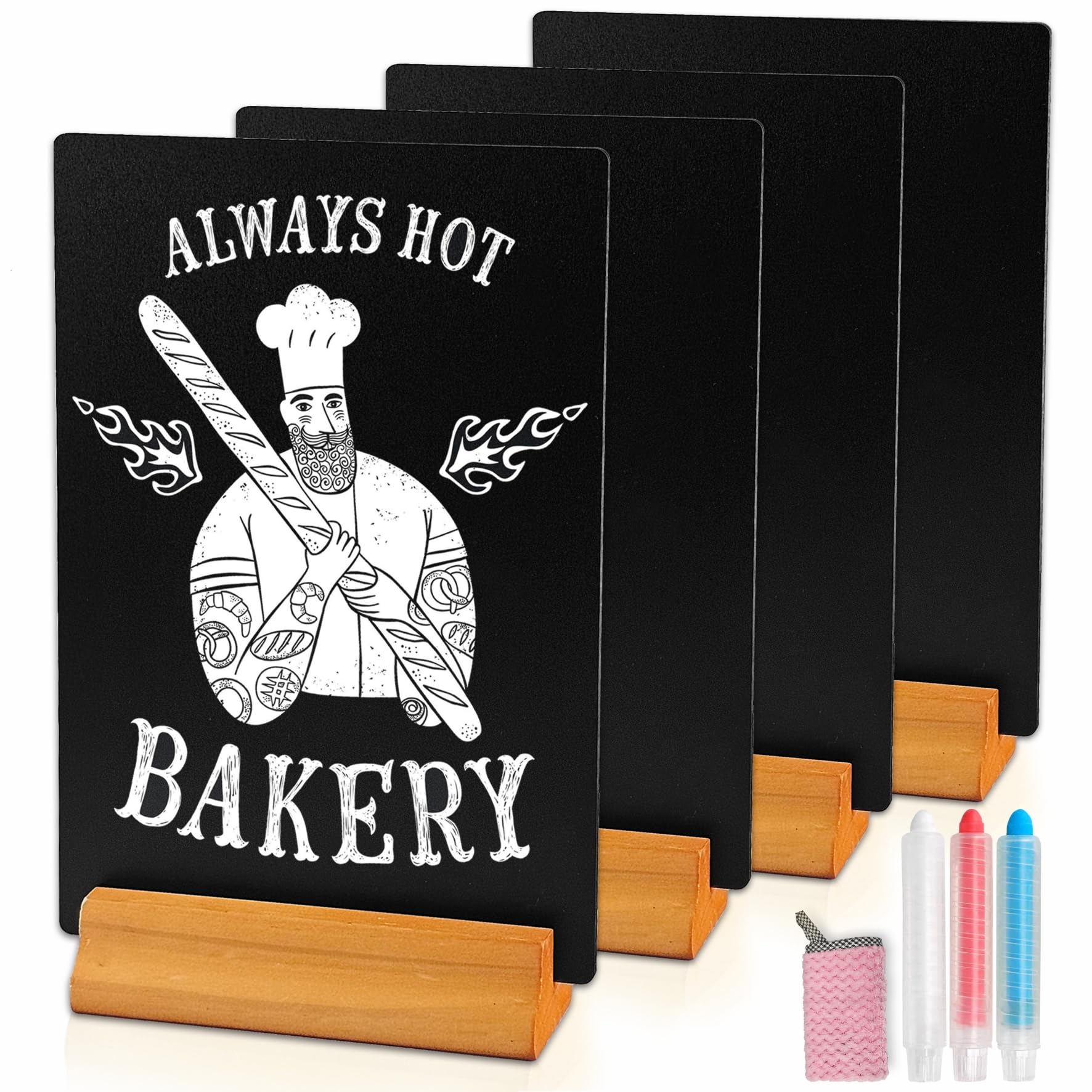 Moco Moment 4 Pack A4 Chalk Board Sign Erasable Tabletop blackboards with Wooden Stands Menu Chalkboards for Party, Tables Decoration, Bar and Restaurant (4 Pack, A4)