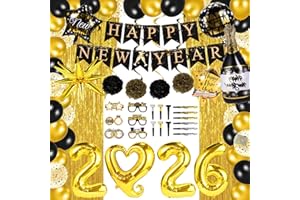 POILKMNI 2026 Happy New Year Party Decoration Supplies, Backdrop Banner Fringe Curtains and Foil Balloons, Photo Booth Props, Swirls, New Years Eve Black Gold Decor Photography Backdrops Kit