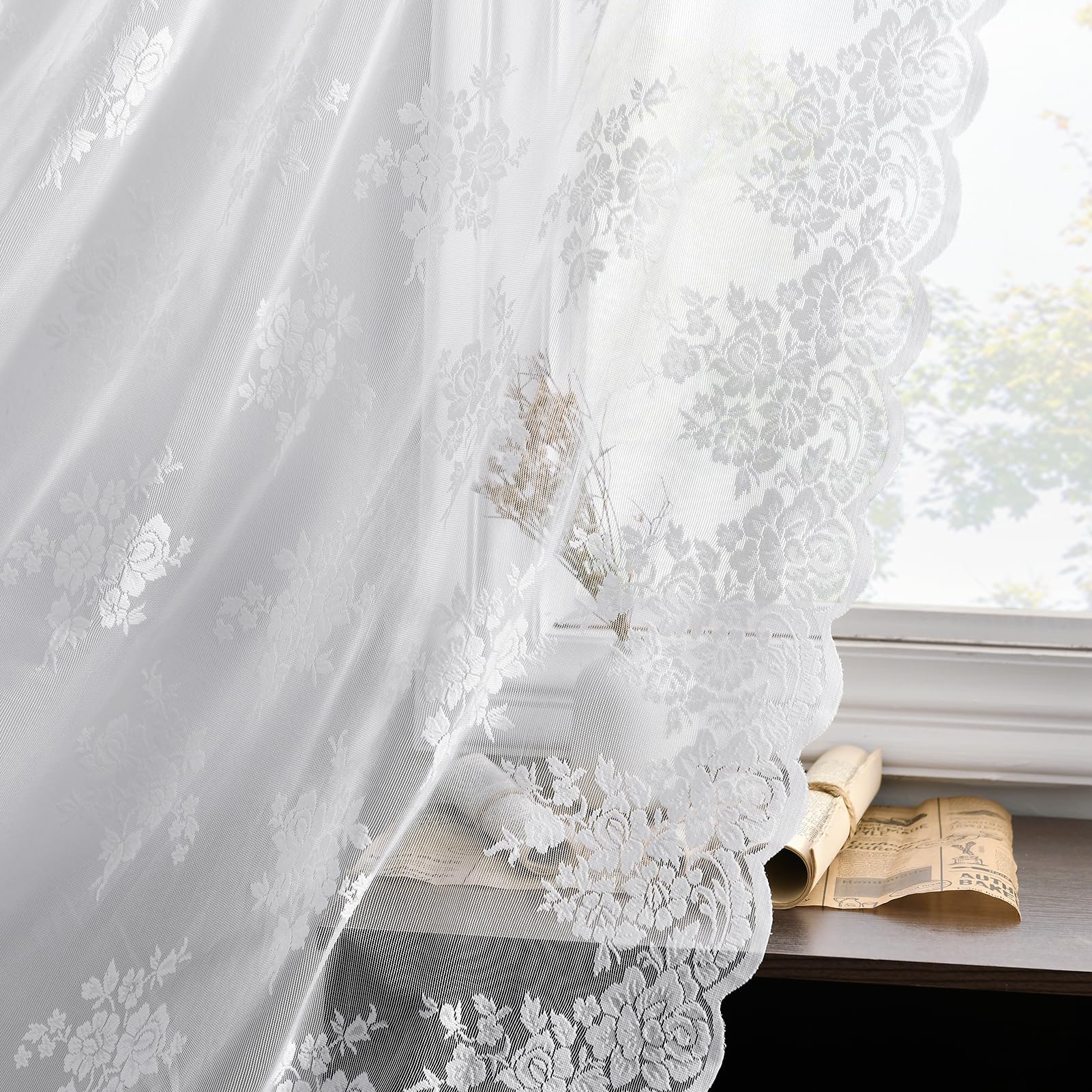 Kotile White Lace Curtains for Windows 72 Drop 2 Panels Rustic Floral Embroidered Scalloped Edges Sheer Voile Curtains for Bedroom Living Room, Rod Pocket Privacy Vintage Net Lace Drapes, 52x72 Inch