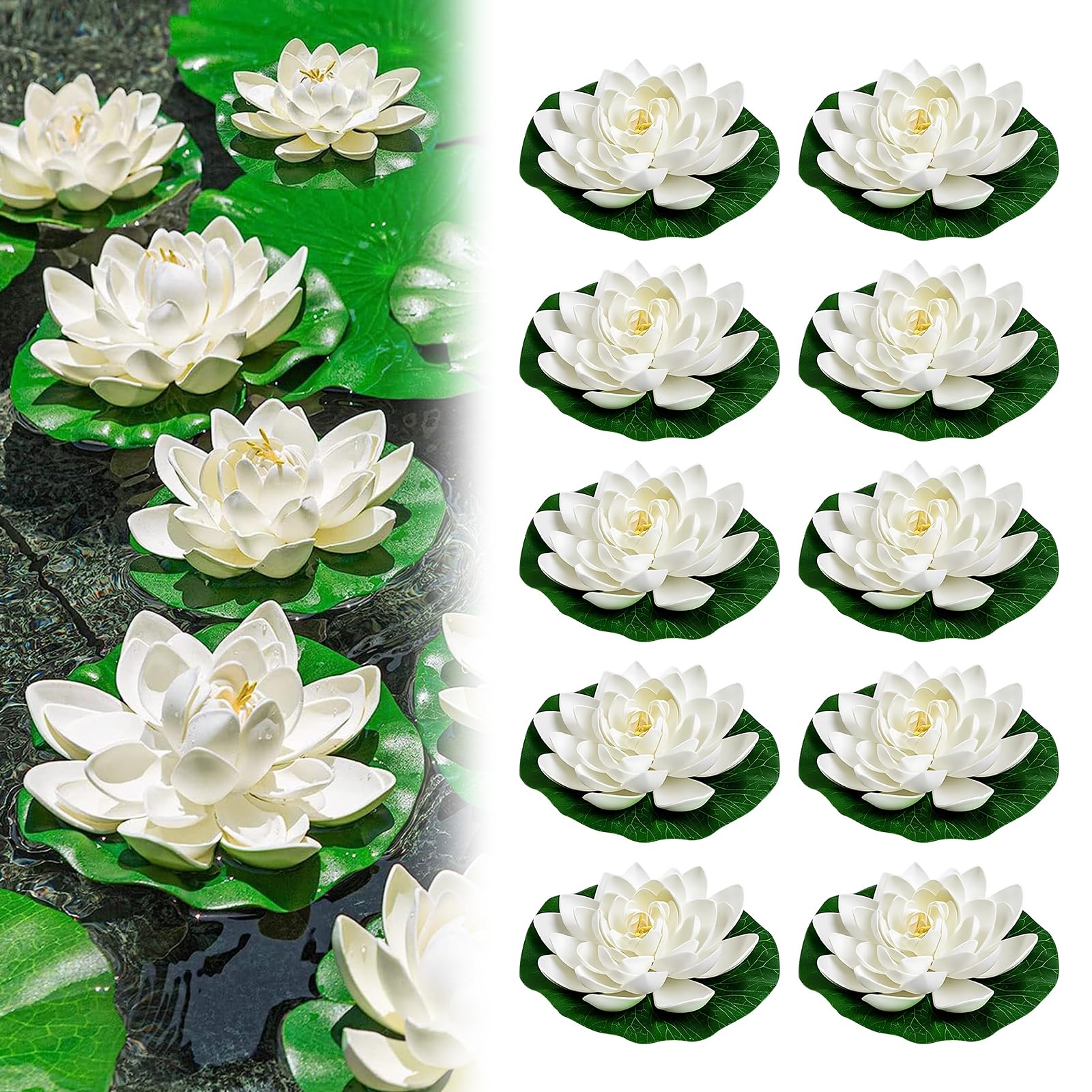 LWuuywa Floating Flowers, Pack of 10 Artificial Water Lily Lotus Flower Decorative Water Lily Plants Pond Plants Decoration for Garden or Pond (White)