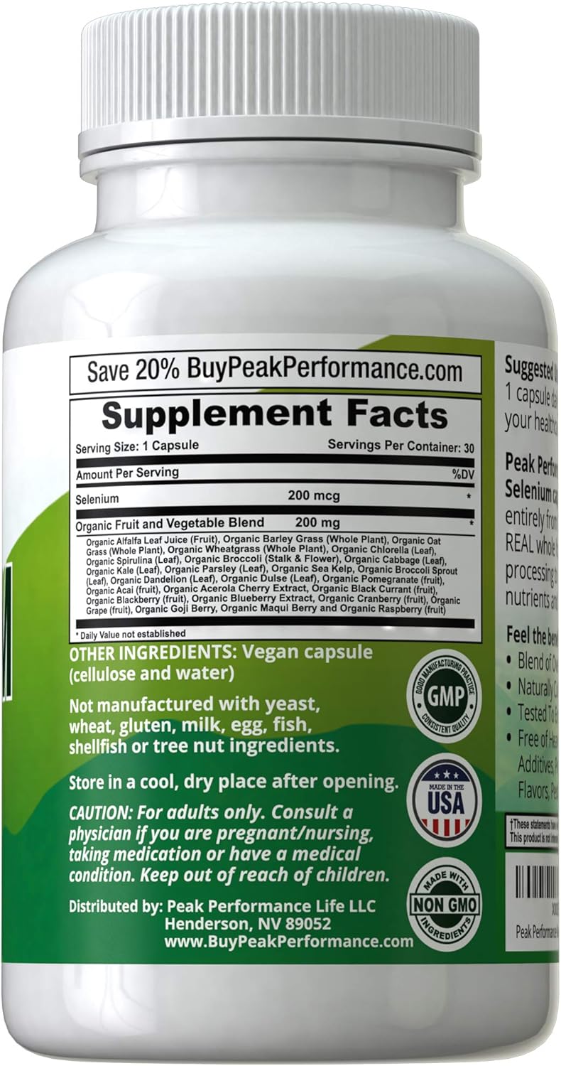 Raw Whole Food Selenium Supplement - Pure Selenium Vegan Capsules for Immune System, Thyroid Support, Heart Health, Prostate. Blended with 25 Organic Vegetables + Fruits. Superior Absorption 30 Pills: Health & Personal Care
