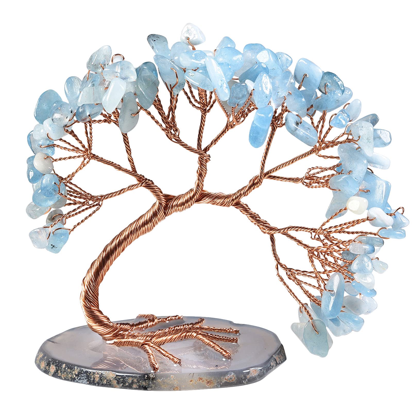 Nupuyai Aquamarine Crystal Tree with Agate Slice Base, Money Tree Figurines Fengshui Ornament for Home Office Wedding Decoration
