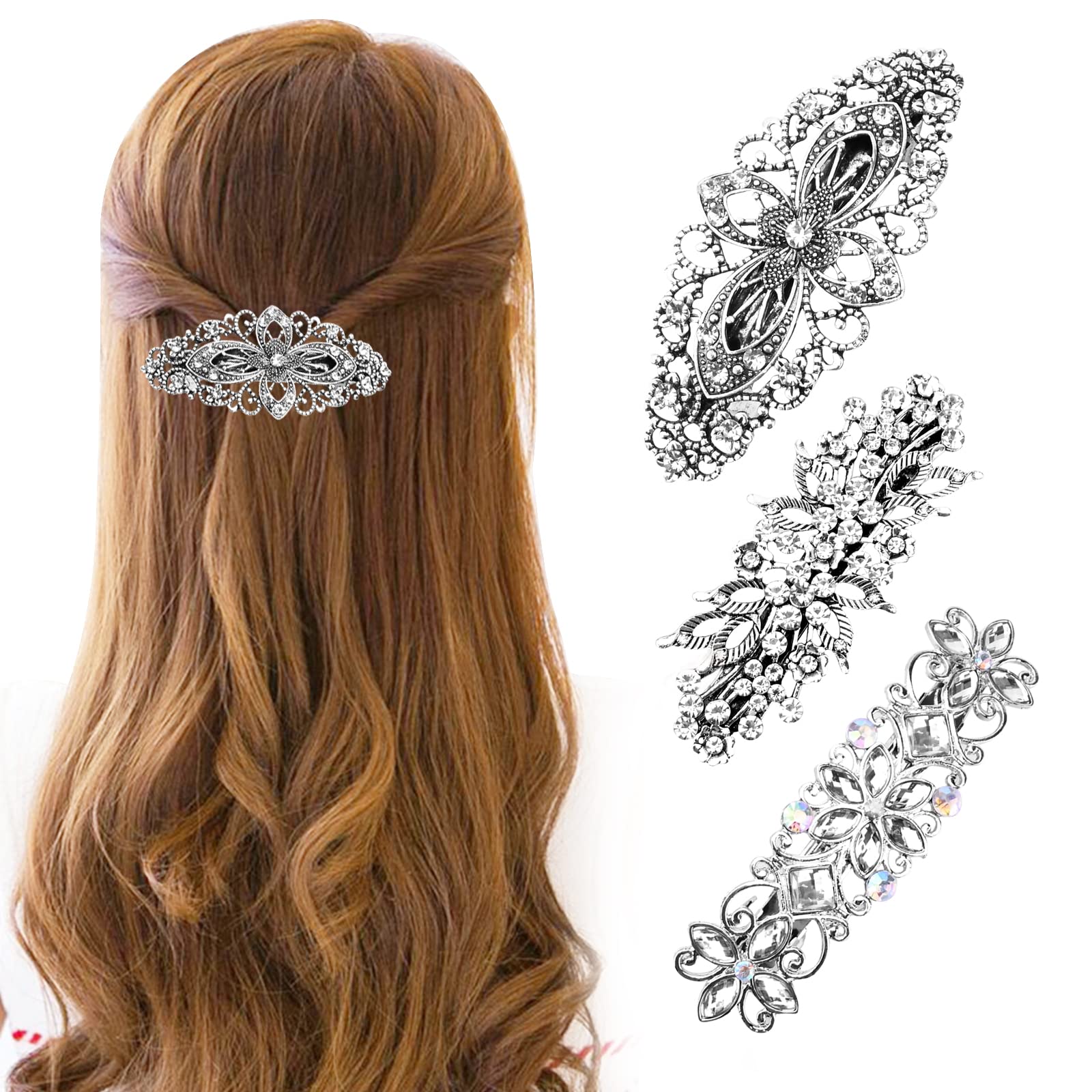 3 Pieces Retro Vintage Metal French Barrette Antique Crystal Barrette Rhinestone Pearl Hair Clips Vintage Flower Hair Slides Bridal Wedding Hairpins Head Pieces Jewelry Hair Accessory for Girls Women