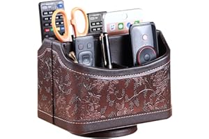 PUSU Leather 360°Rotatable Remote Control Holder,Nightstand TV Remote Caddy,Office Supplies Desktop Organizer,Spinning Storag