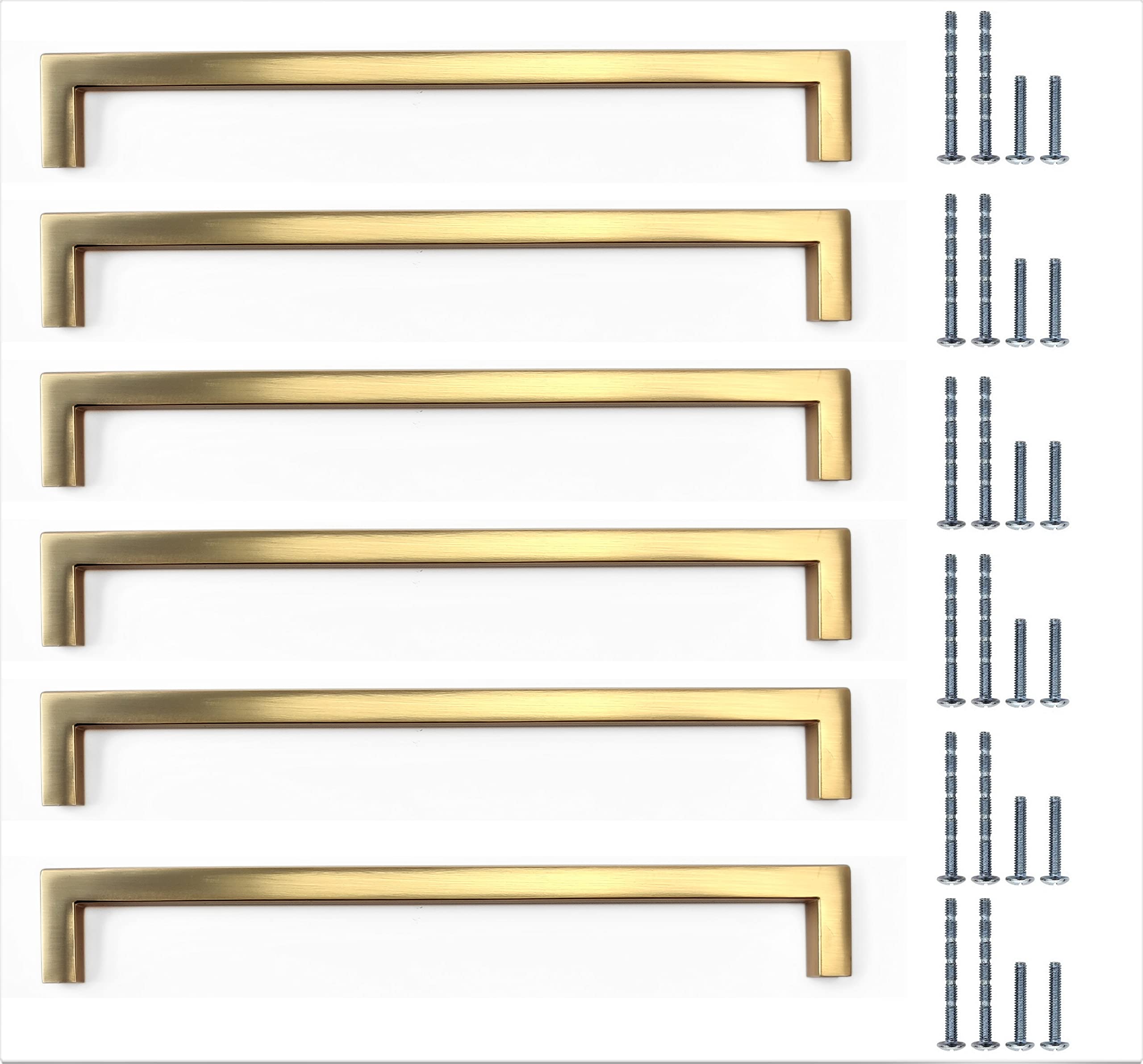 French Furniture Fittings Matt Brushed Brass Finish Kitchen Cabinet Pull Handles - Set of 6, Cupboard Drawer Handles Available in 128mm, 160mm and 192mm (192mm Between fixings)