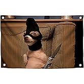 3x5 Feet Dog with a Knife Tapestry Single Sided Flag with 4 Brass Grommets - Polyester Funny Dogs Outdoor or Indoor Flag - Animals Tapestry For Classroom - Funny Dog in Bandana Meme Wall Decorations