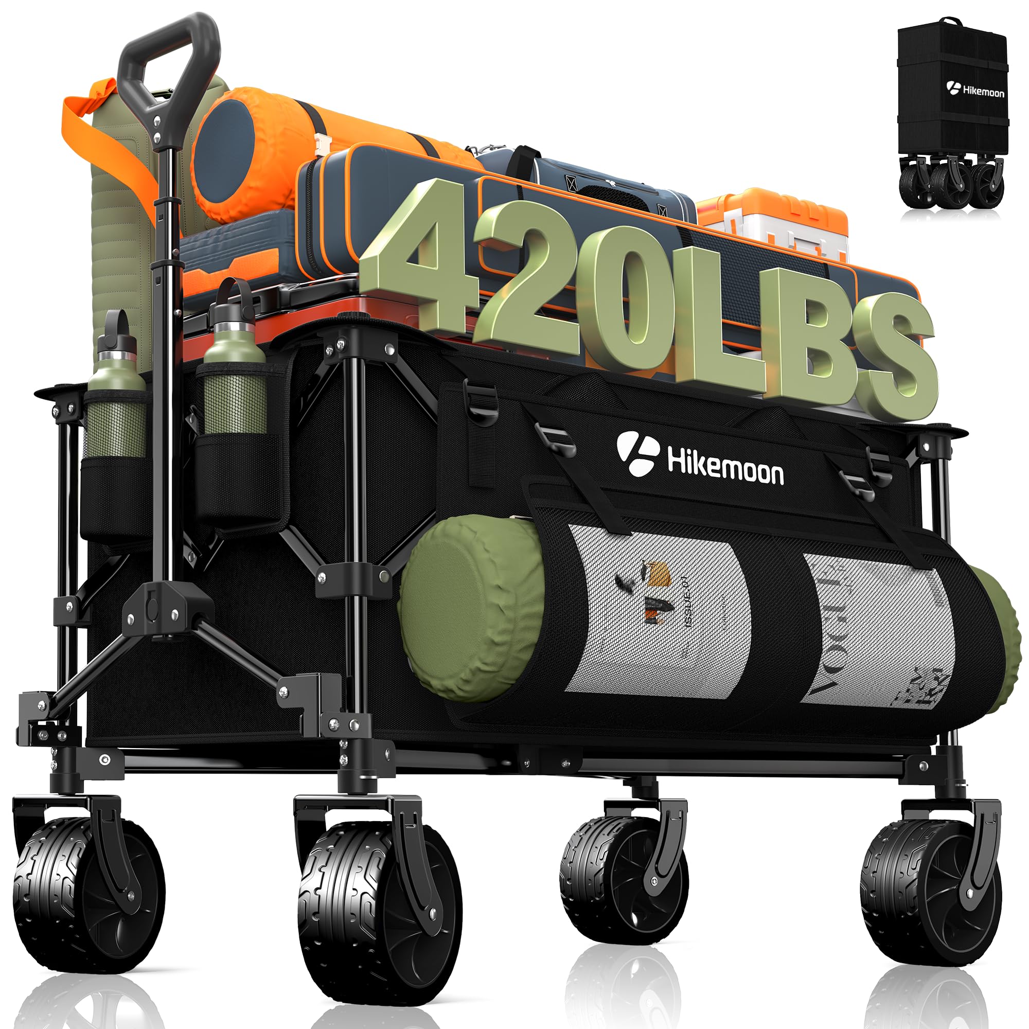 Photo 1 of "Hikemoon" --150L Collapsible Wagons Carts Foldable, 420LBS Heavy Duty Folding Beach Cart with Big All-Terrain Wheels, Portable Utility Wagon for Grocery, Shopping, Garden, Sports, Camping, Black