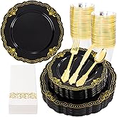 Ciaell 175 PCS Black and Gold Plastic Plates - Black Disposable Dinnerware Set with 50 Plates, 25 Knives, 25 Forks, 25 Spoons, 25 Cups, 25 Napkins for Parties and Weddings