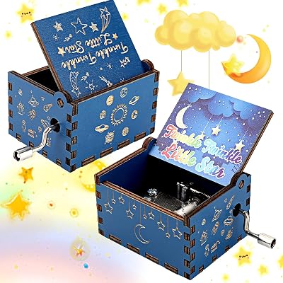 Cobee Hand Crank Wood Music Box Twinkle Twinkle Little Star Engraved Blue