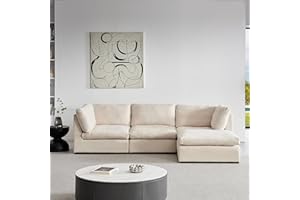 FANYE 99" Modular Cloud Sectional Sofa W/Down Feather Filled & Reversible Lounge Chaise, L-Shaped Corner Couch Deep Seat with Movable Ottoman for Home Apartment Living Room Hotel Lobby, Beige