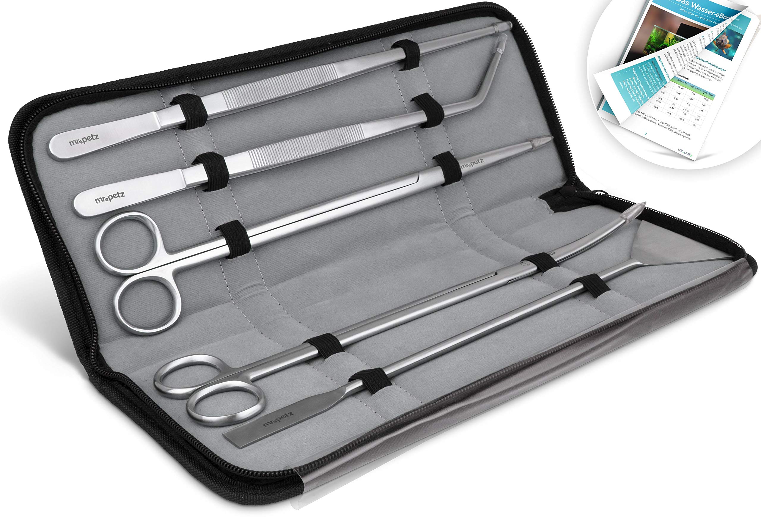 Mr. Petz Aqua Set – Kit with 5 Stainless Steel Aquascaping Aquarium Tools – Including Curved Scissors, Tweezers and Three More Fish Tank Accessories – Also Perfect for Your Terrarium