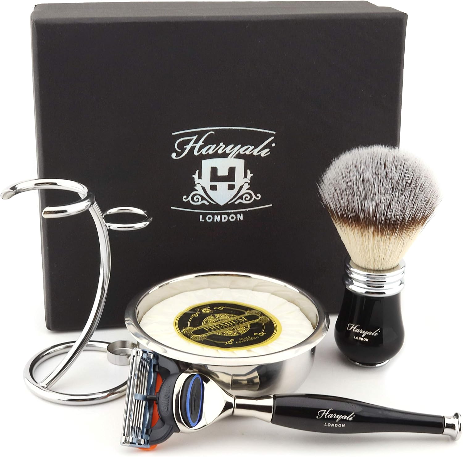 Haryali London Mens Luxury Black Shaving Kit 5 Edge Shaving Razor with Synthetic Badger Hair Shaving Brush, Stand - Image 3