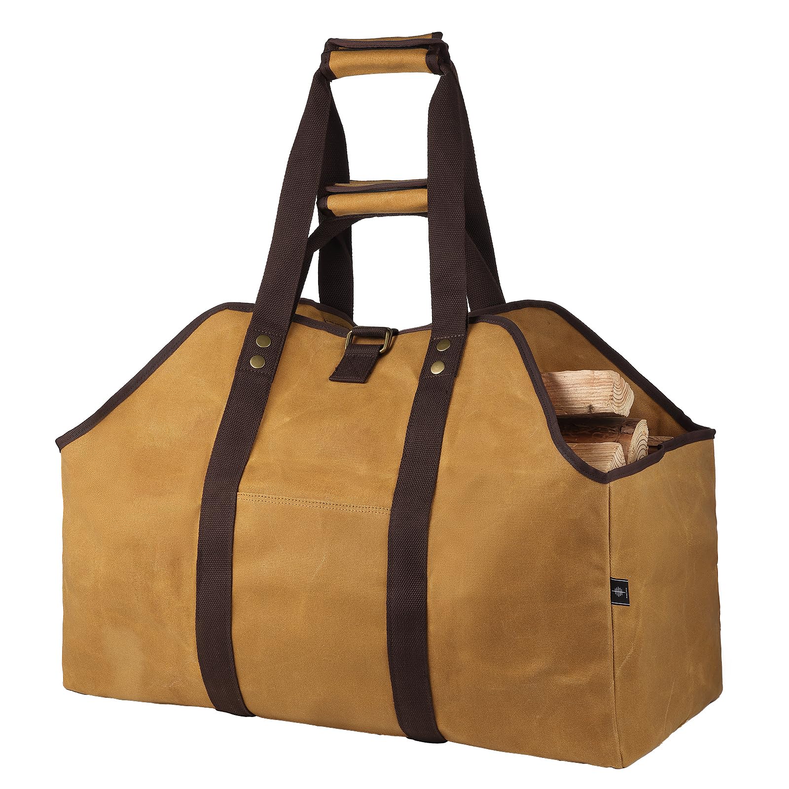 BONTHEE Extra Large Waterproof Firewood Log Carrier Canvas Firewood Holder Indoor with Shoulder Strap and Top Handles Contained Weight-Relief Pad for Easy Carry - Earth Yellow