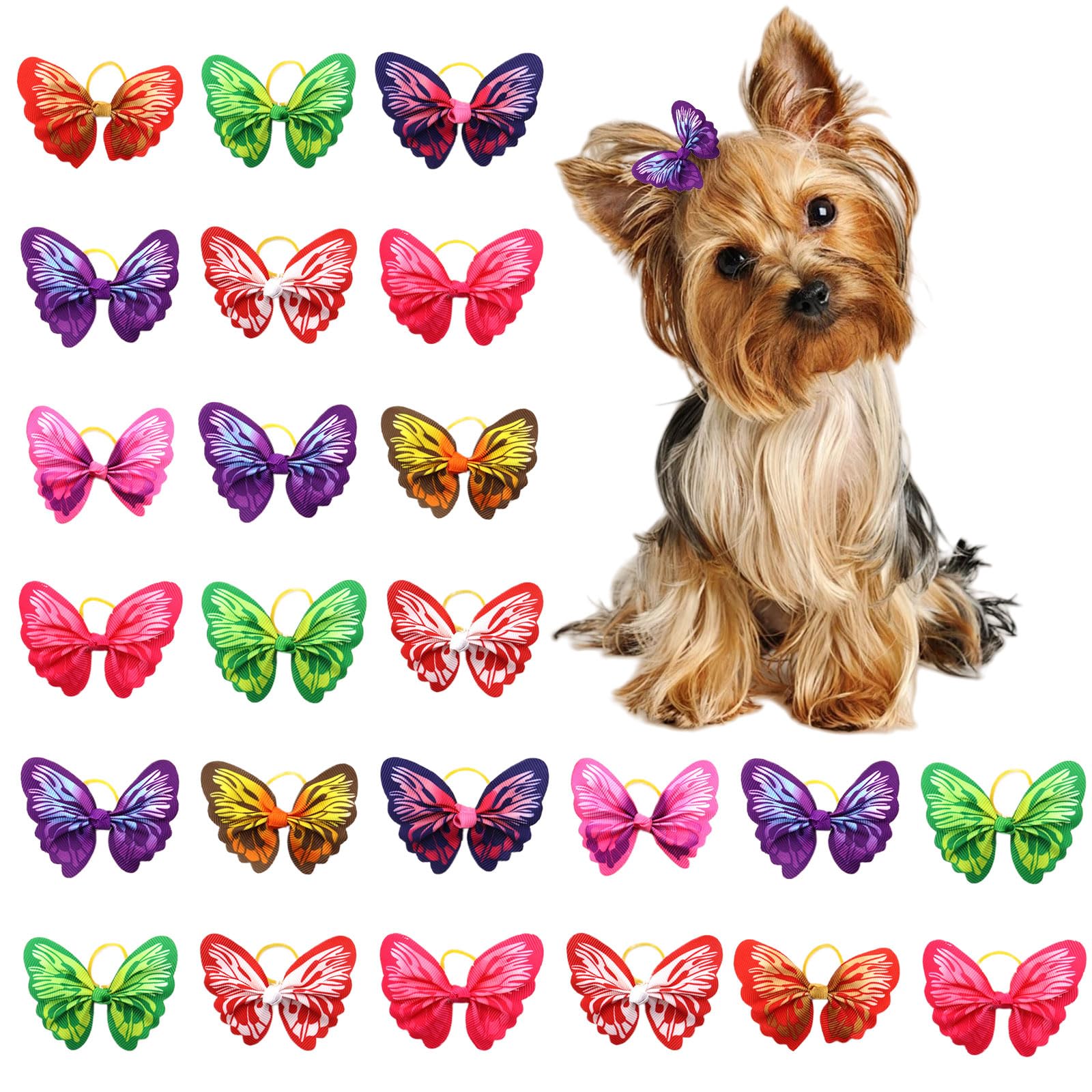 OTKARXUS Dog Hair Bows,24PCS Mixed Colors Dog Bows with Elastic Rubber Bands,Puppy Hair Grooming Accessories Butterfly Dog Hair Bands for Long Hair Puppy Kitten Dogs Cats (Multi Color B)