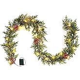 Gudegou Pre-lit Christmas Garland with Lights, Battery Operated Garland with Star Berry Faux Spruce for Outdoor Indoor Mantle Holiday Decorations 6FT 20LED
