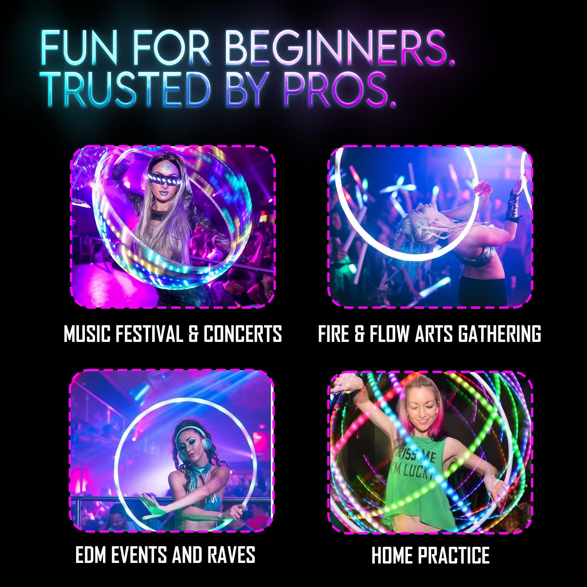 UltraPoi UltraHoop Shuffle LED Hoop – Smart Auto Color Changing LEDs w/ 100+ Light Patterns – Rechargeable, Collapsible, Beginner to Advanced Glow in the Dark Flow Toys Hoola Hoops for Raves & Parties