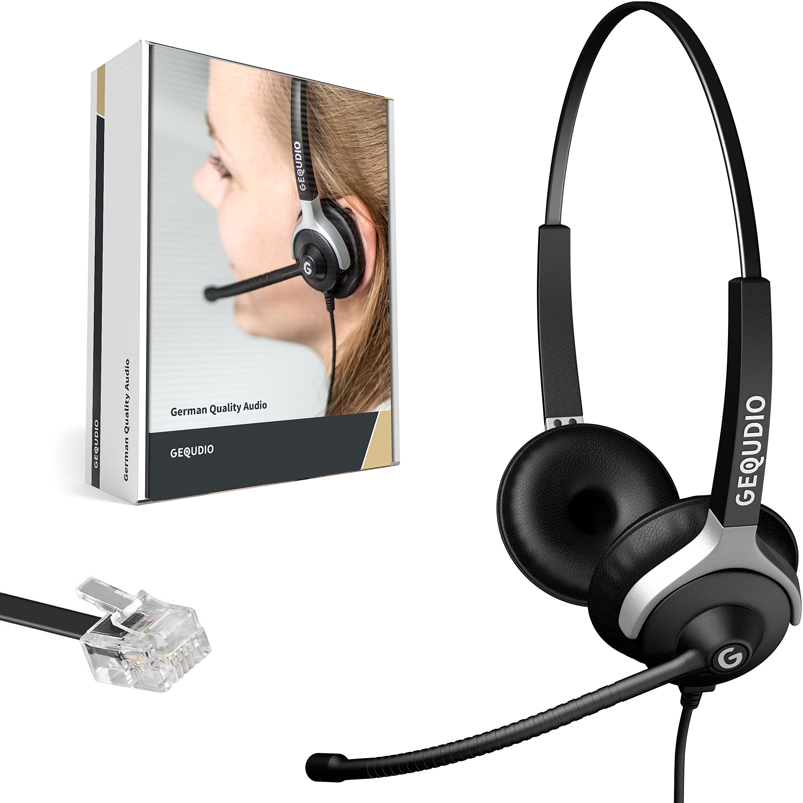 GEQUDIO Headset Compatible with Unify OpenStage 30 40 80 80 and OpenScape Series Phone - Includes RJ Cable - Headphones & Microphone with Replacement Pad - Especially Light 80 g (2-Ear)