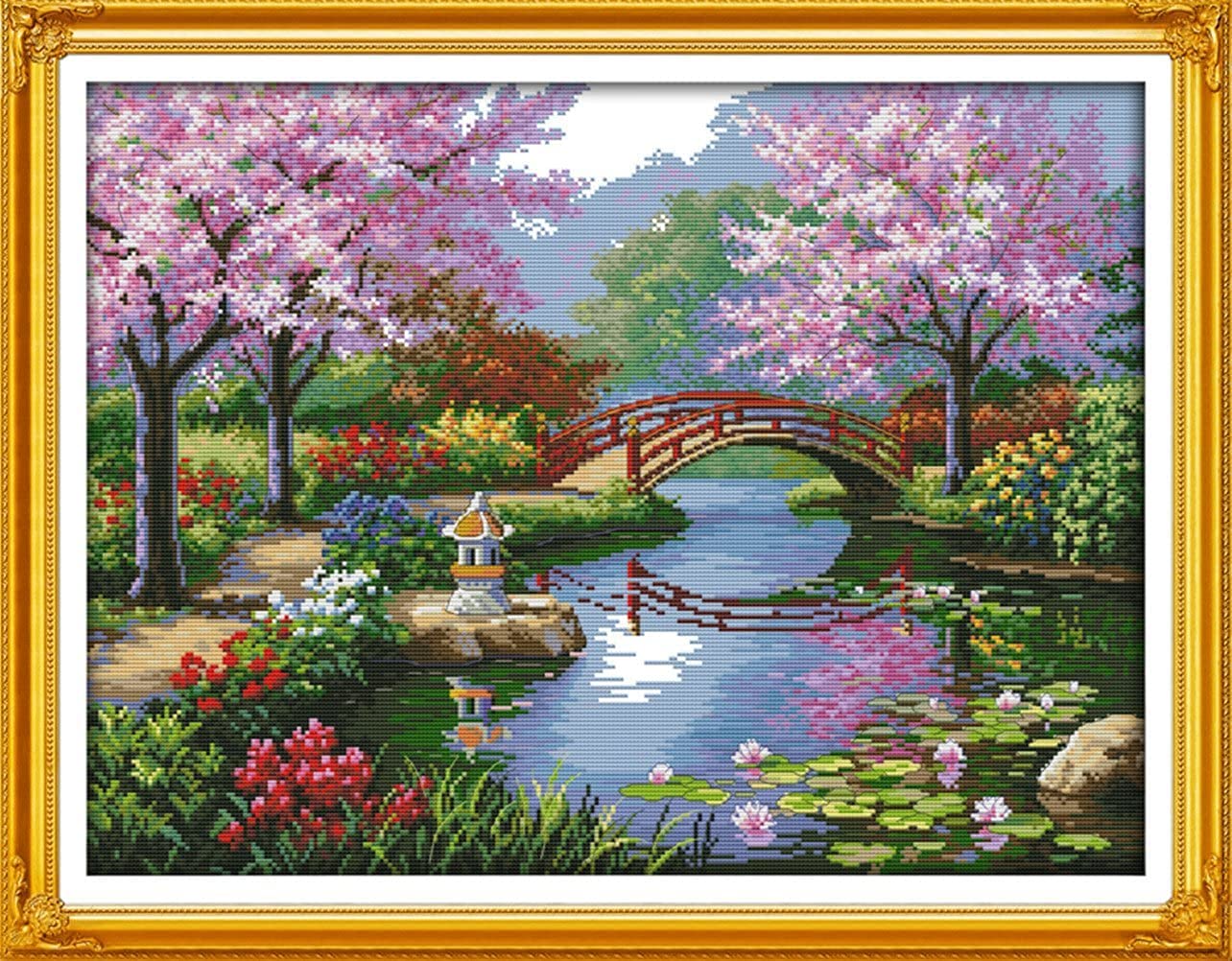 YEESAM ART Cross Stitch Kits Stamped for Adults Beginner Kids, River Garden 11CT 70×55cm DIY Embroidery Needlework Kit with Patterns Needlepoint Christmas