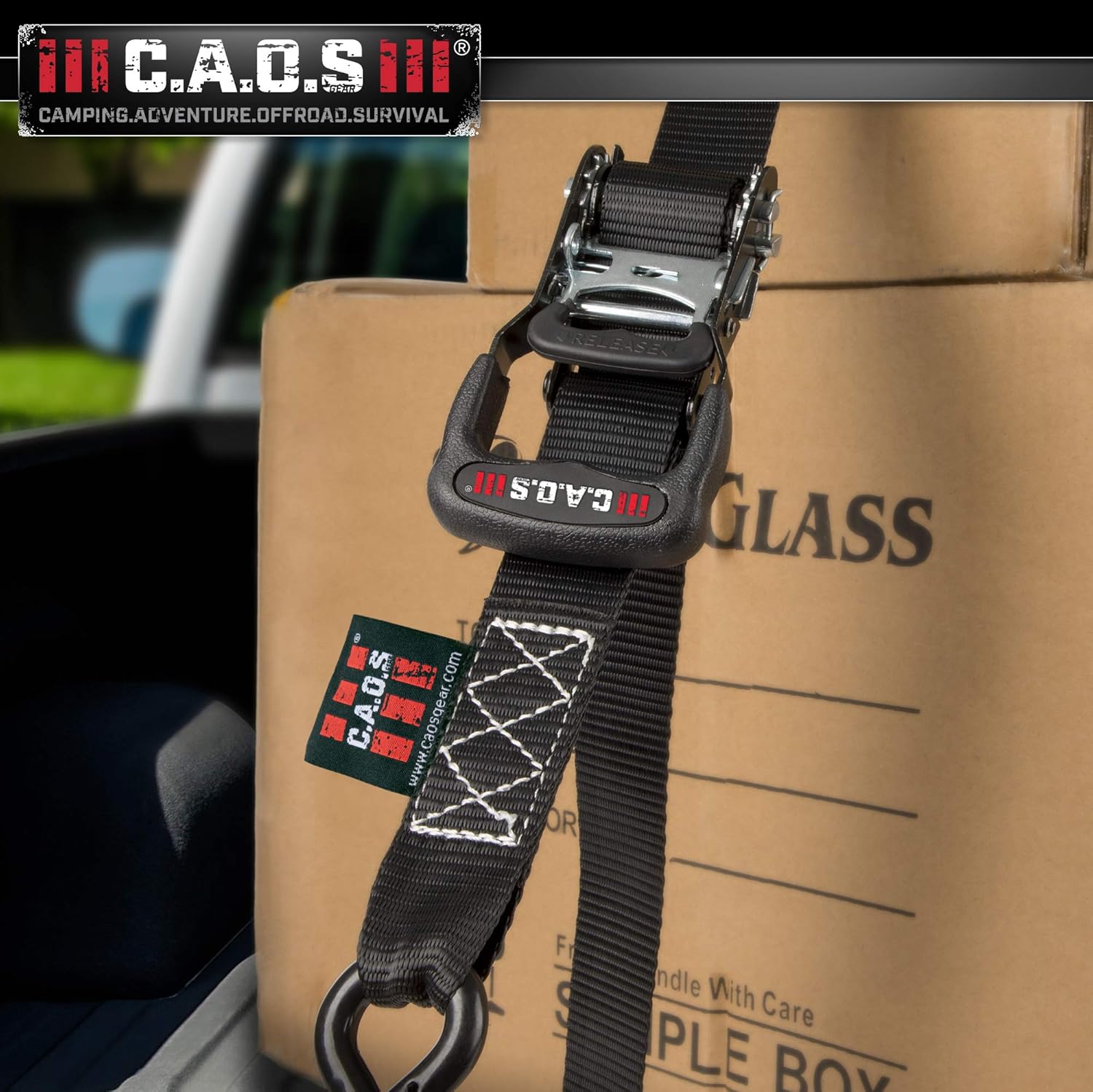 CAOS Gear Motorcycle Ratchet Straps, Pack of 2, Black, to Secure Car, Truck, ATV - Premium, Heavy-Duty Tie Down Straps for Trucks, made with Coated Steel, Chromoly - Durable Soft Loop Tie Down Kit (2): Automotive