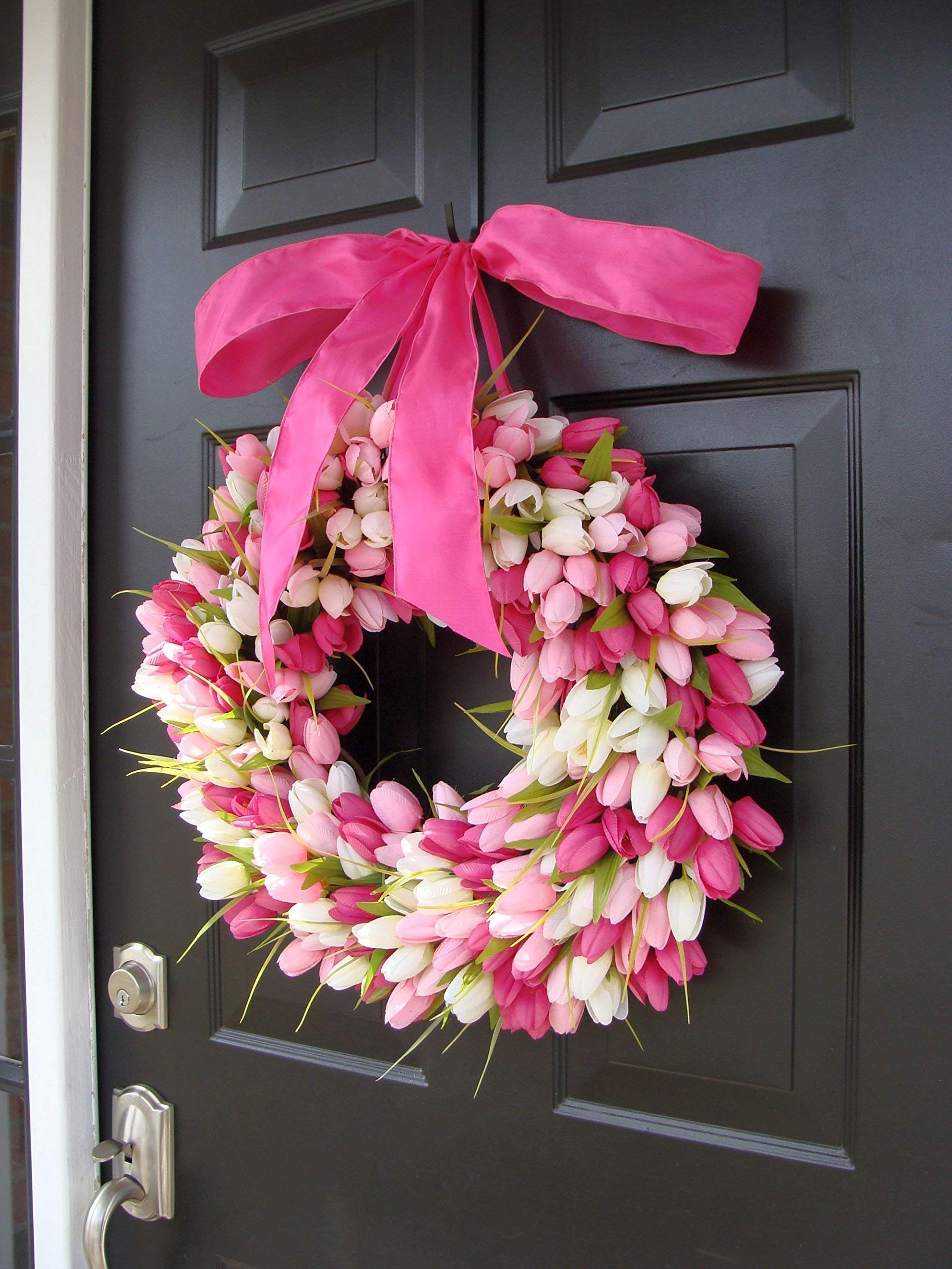 Elegant Holidays Handmade Pink White Silk Tulip Wreath W Bow Decorative Home Decor For Indoor Outdoor Welcome Guests In Spring Summer Front Door Wreaths Mother S Day Holiday Accent 16 26 Inch Silk Flower Arrangements
