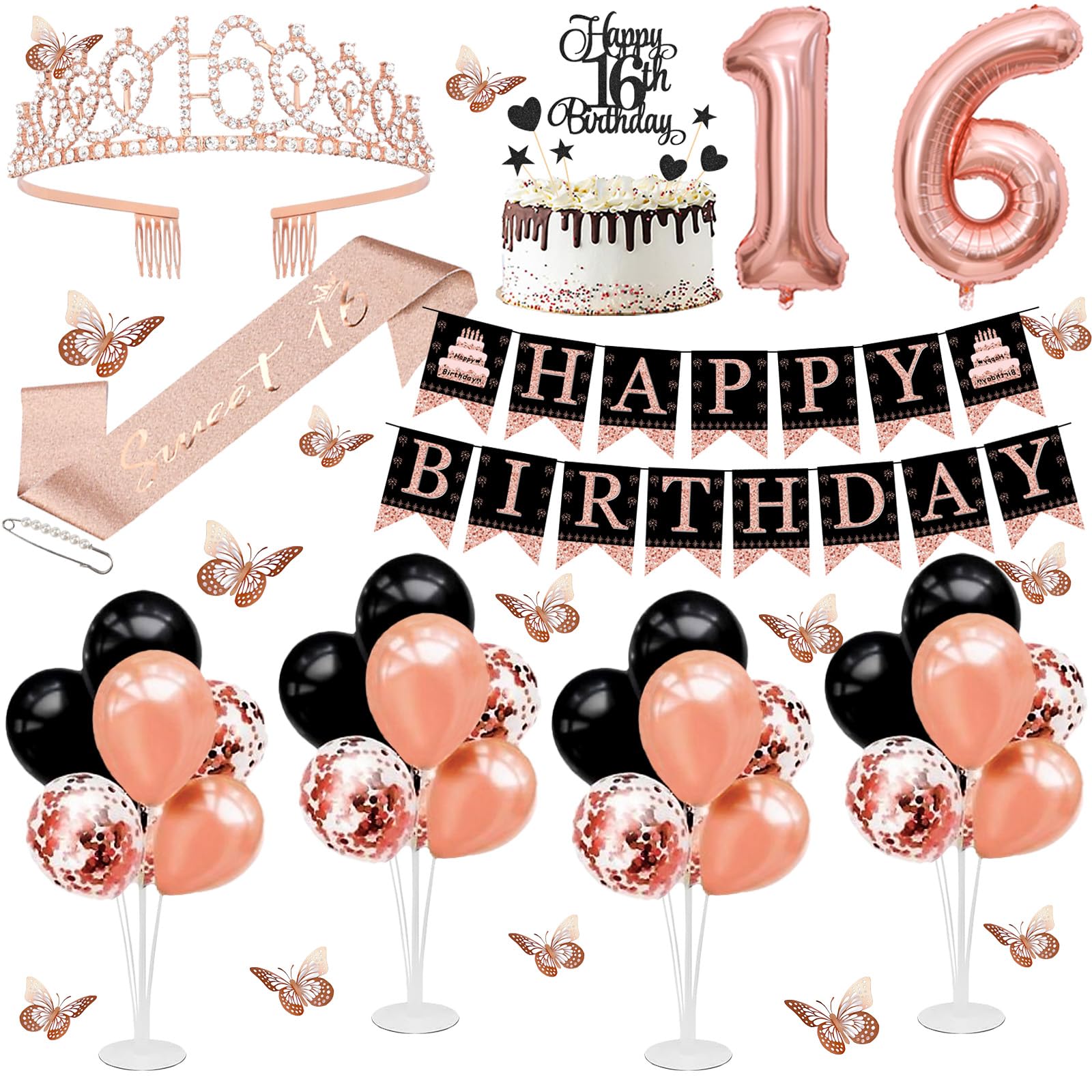 Photo 1 of 16th Birthday Decorations for Girls - 56pcs Rose Gold Happy 16th Banner, 16th Birthday Crown Sash, Cake Topper, Number 16 balloons, 3D Butterflies, 4 Balloon Stands kits