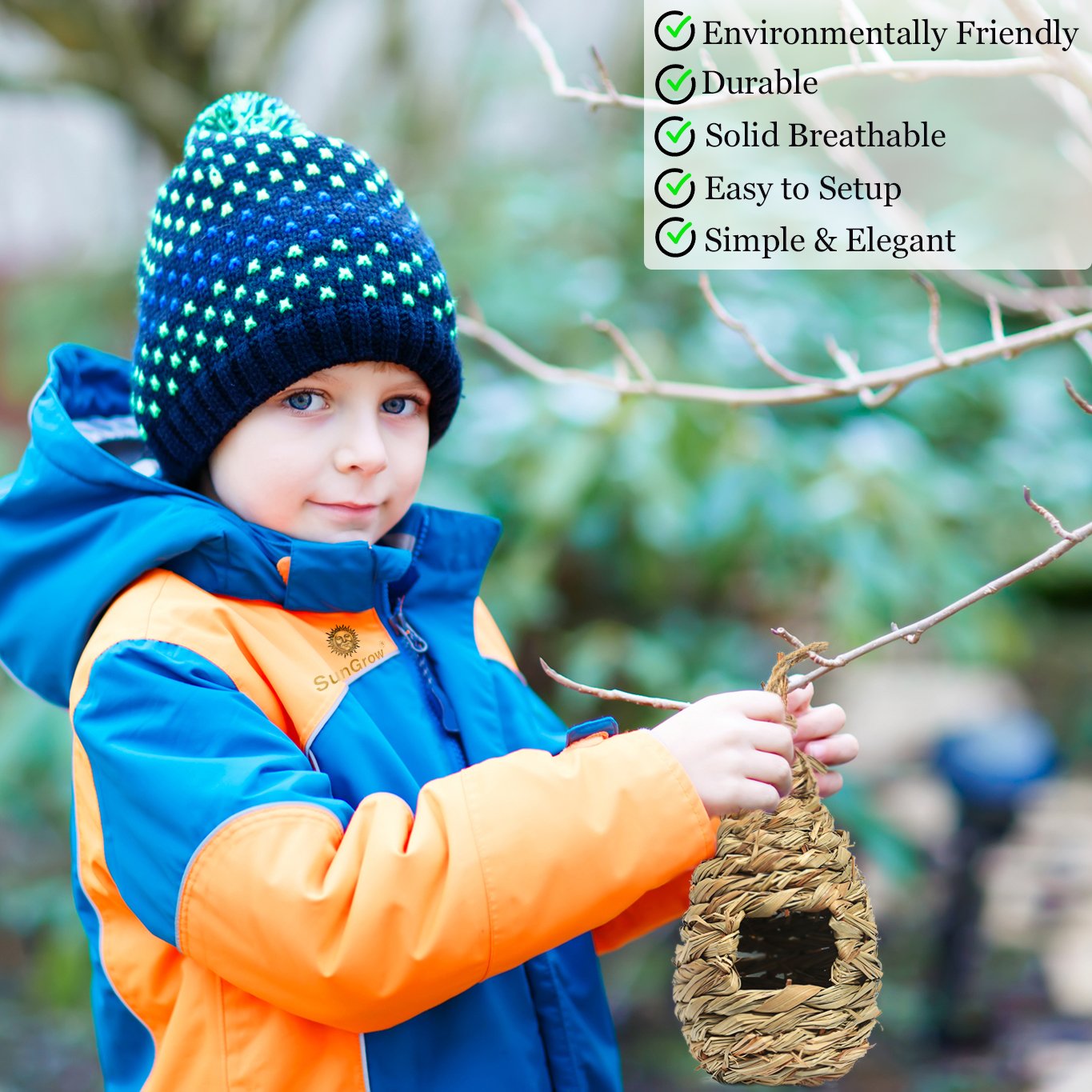 Hand-Woven Teardrop Shaped Grass Bird Hut by SunGrow - 100% Natural Fiber - Cozy resting place for birds - Provides shelter from cold weather - Bird hideaway from predators - Ideal for Finch & Canary