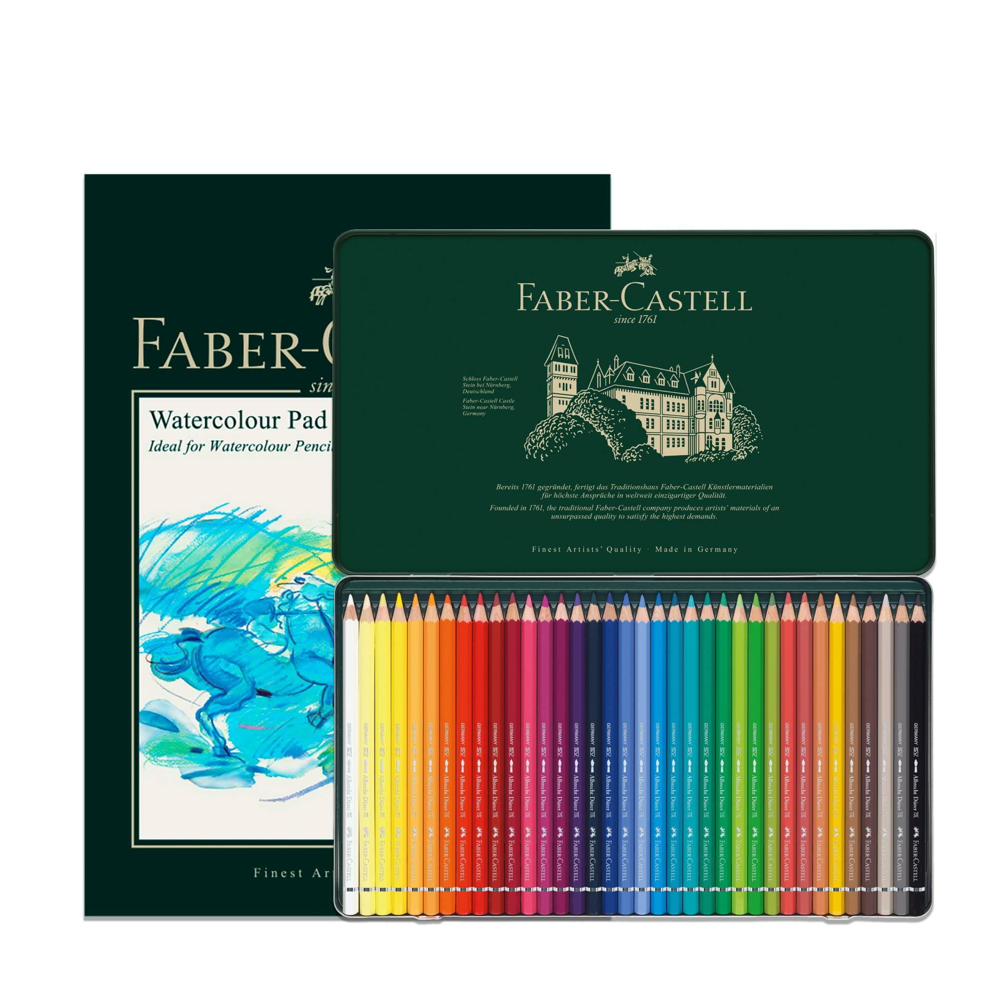 Faber-Castell A4 Watercolour Pad & Tin of 36 Albrecht Dürer Pencils, Art Set Adult, Colouring Books, Craft Supplies, Drawing, Sketching, Lightfast, Schools, Home, College