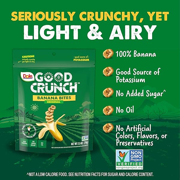 DOLE GOOD CRUNCH BANANA DRIED FRUIT BITES, GLUTEN FREE & VEGAN SNACK, 2.5OZ BAG