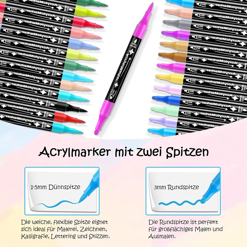 24 Farben Acrylstifte Set Wasserfest, Dual Tip Marker für Steine & DIY