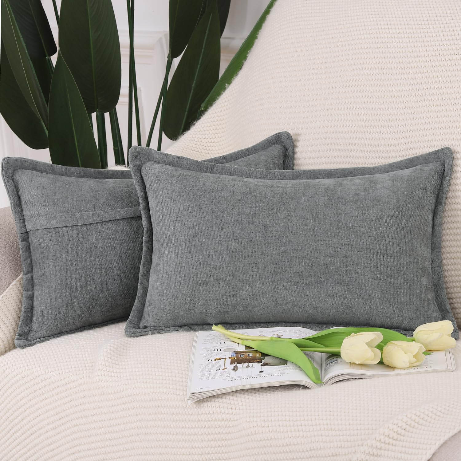 Madizz Fringe Chenille Cushion Covers Set of 2 Super Soft Boho Throw Pillow Covers Decorative Plain Throw Pillowcases Modern Home Decor for Sofa Bedroom Dark Grey 12x20 inch, 30x50 cm