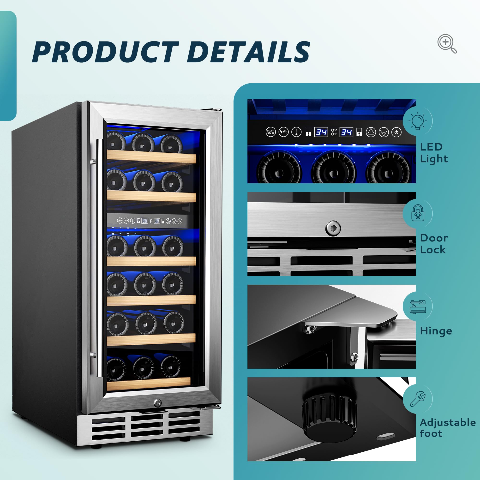 EUHOMY 15 Inch Wine Fridge, Dual Zone Wine Chiller with Digital Temperature Control, Wine Cooler Upgraded Compressor Fits Low Noise, Wine Storage with Double-Layer Glass Door, 33 Bottles.